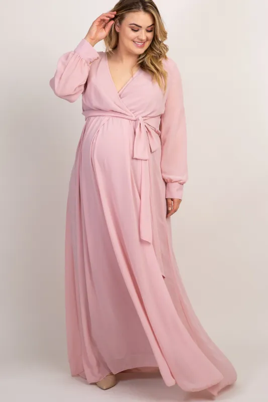 Light Pink Chiffon Long Sleeve Pleated Plus Maternity Maxi Dress sold by Pinkblush