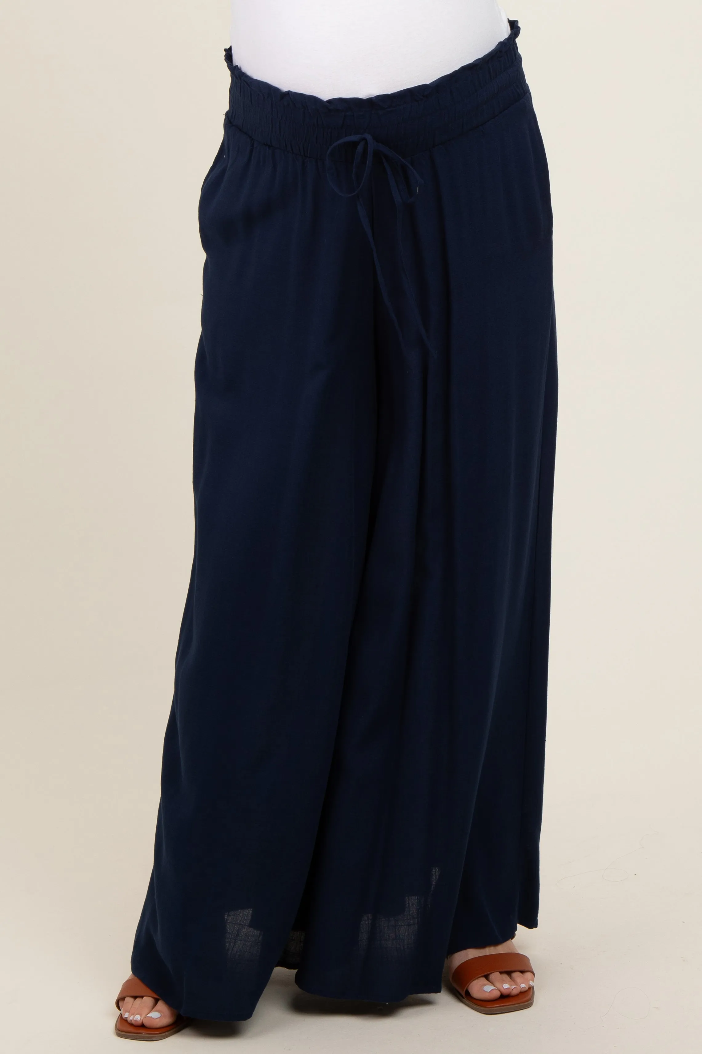 Navy Blue Wide Leg Smocked Lightweight Maternity Pants sold by Pinkblush product image thumbnail 2