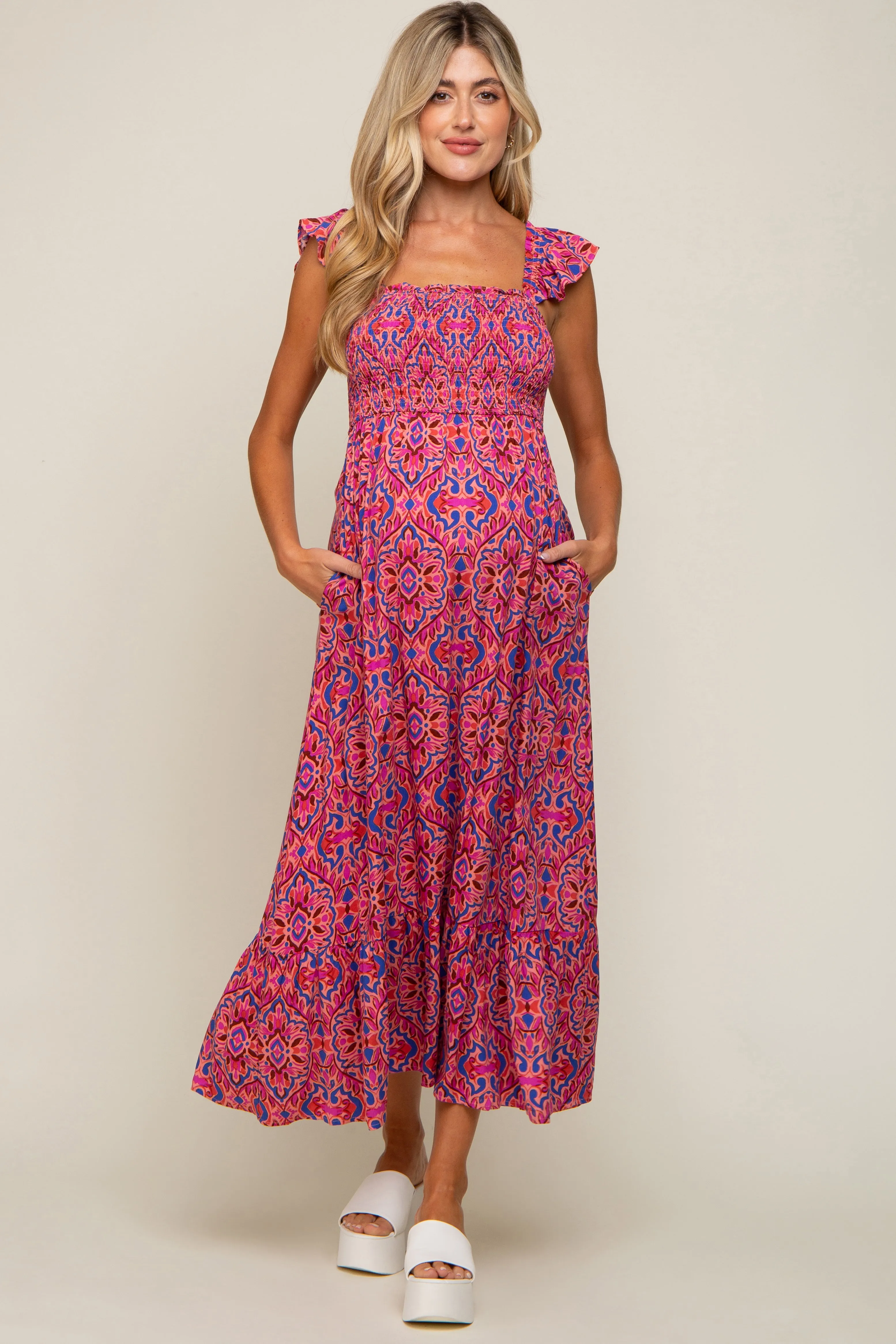 Magenta Printed Smocked Maternity Maxi Dress sold by Pinkblush