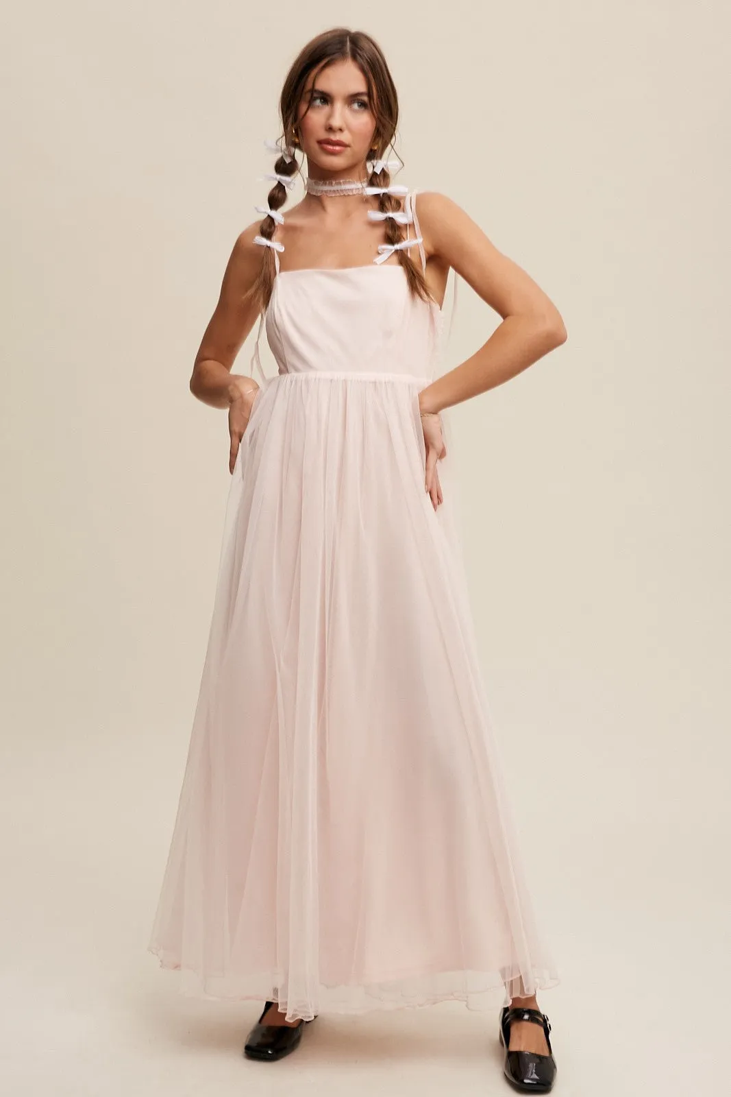 Light Pink Square Neck Shoulder Tie Tulle Maxi Dress sold by Pinkblush