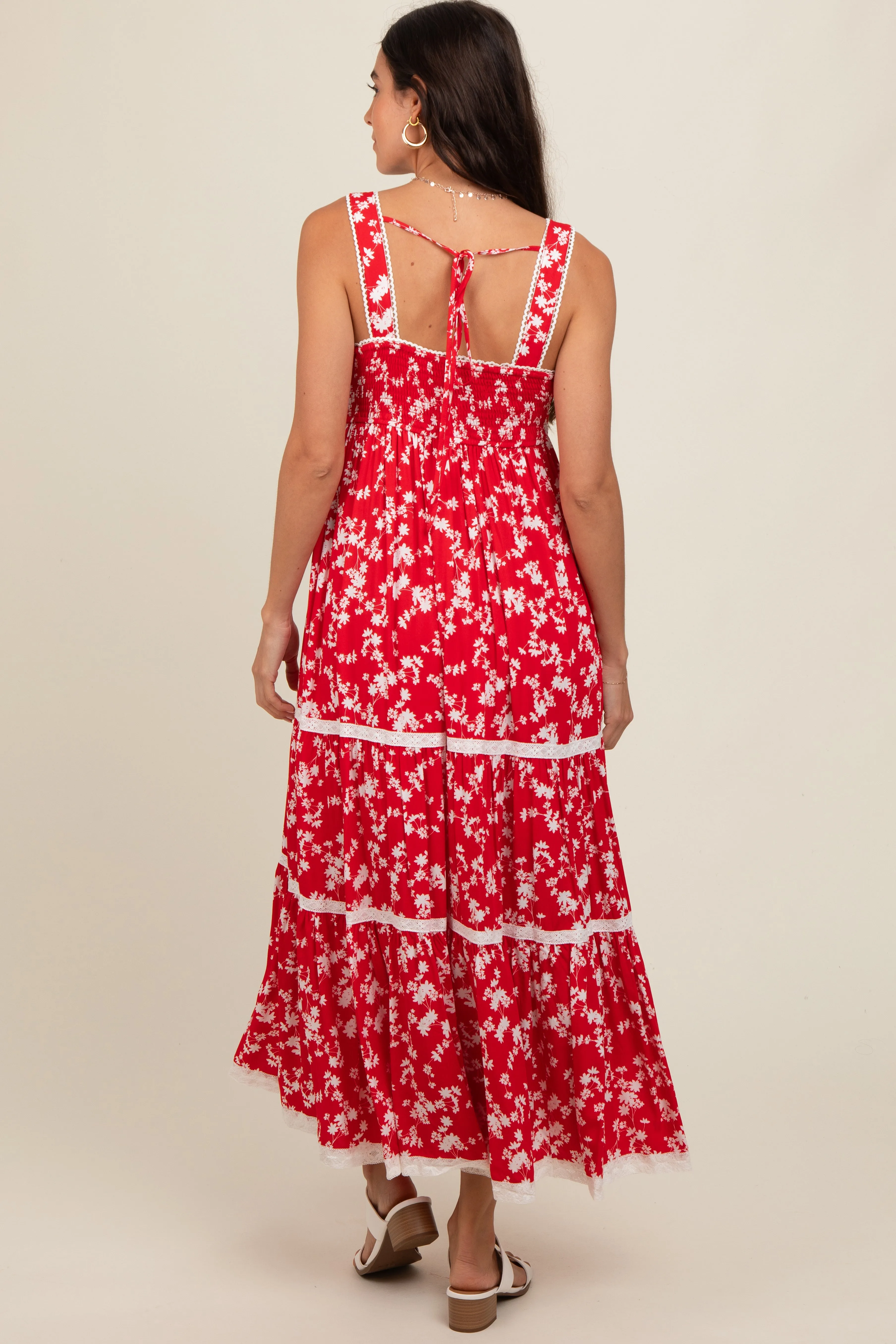 Red Floral Lace Trim Tiered Maxi Dress sold by Pinkblush product image thumbnail 3