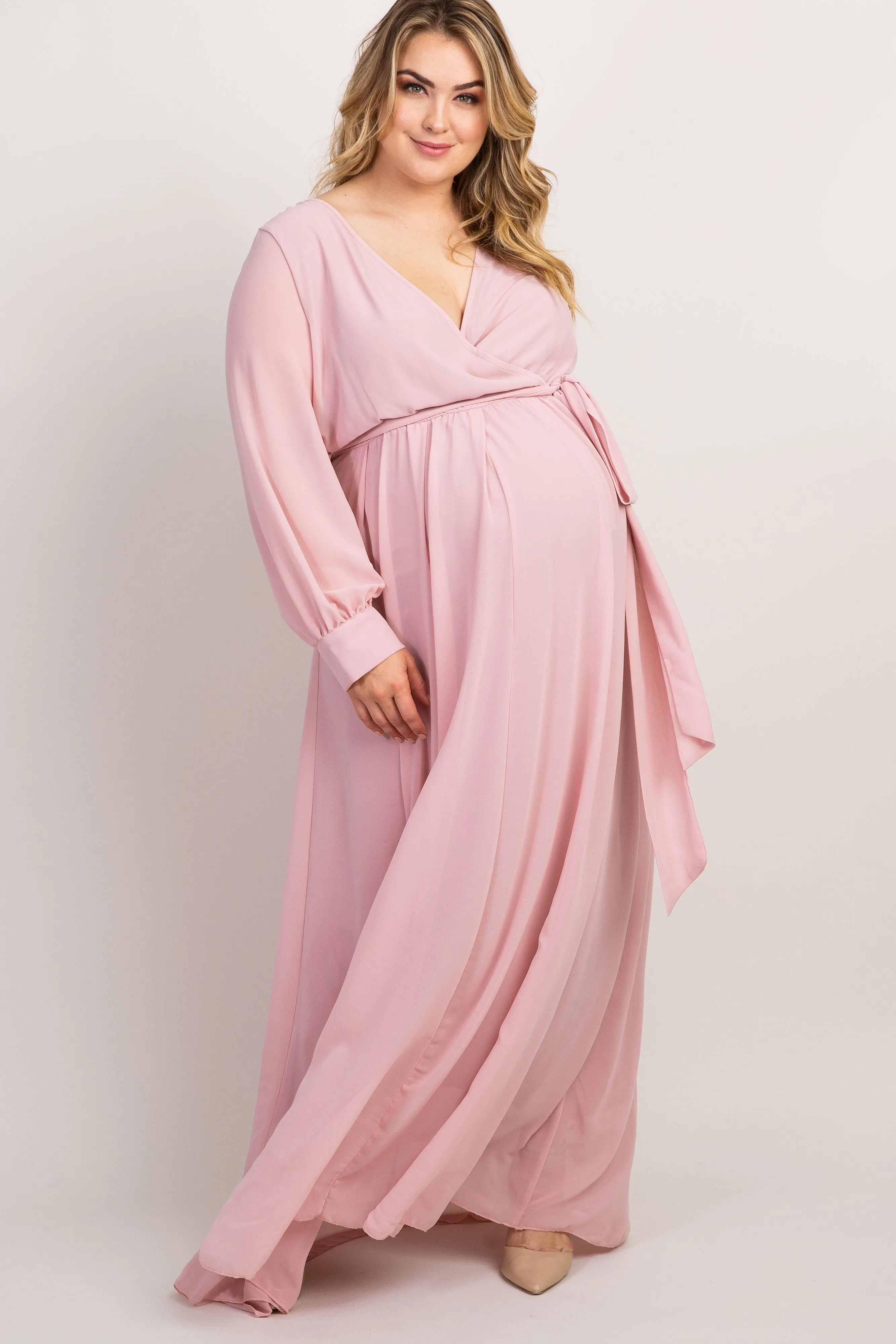 Light Pink Chiffon Long Sleeve Pleated Plus Maternity Maxi Dress sold by Pinkblush product image thumbnail 4