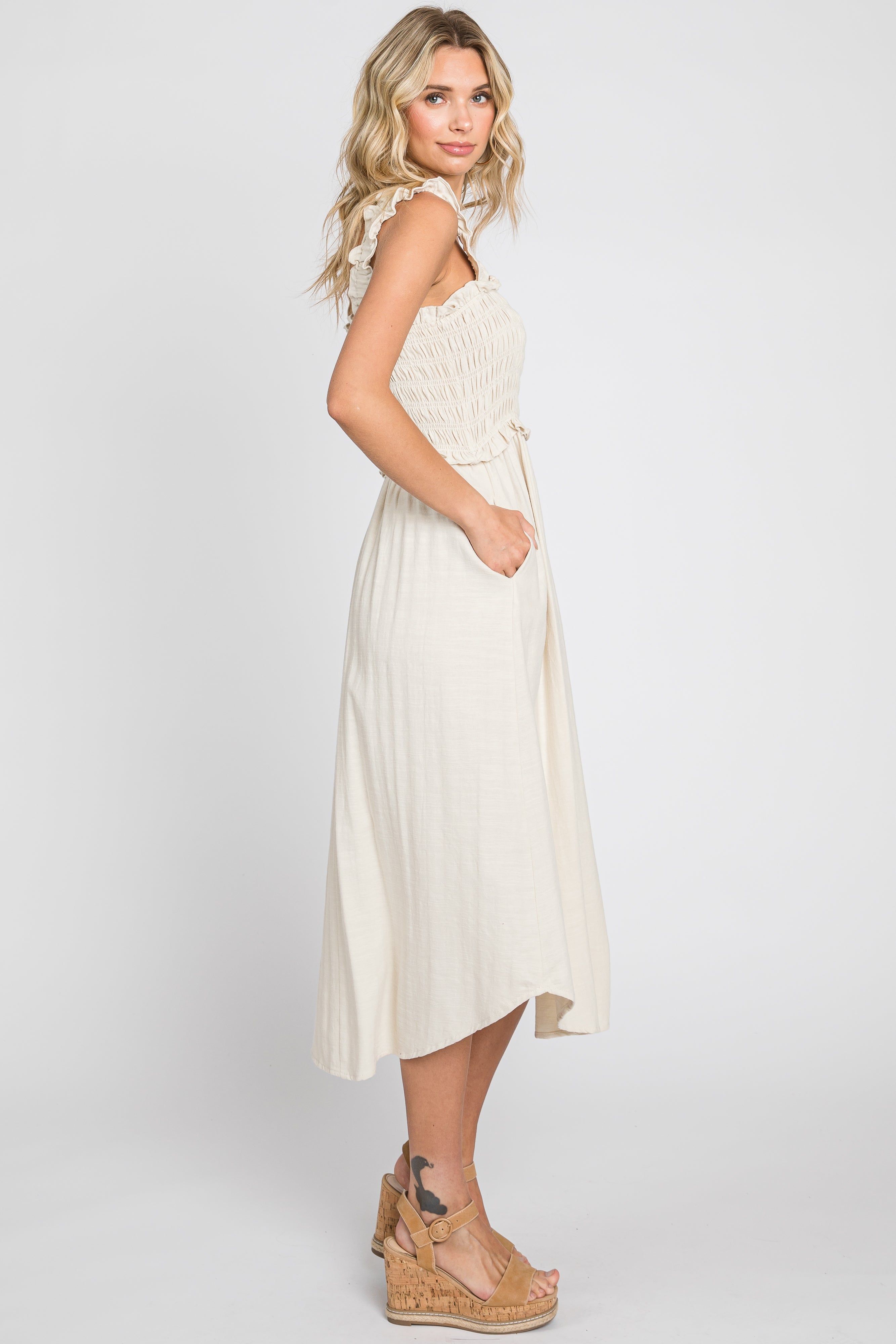 Beige Square Neck Smocked Sleeveless Midi Dress sold by Pinkblush product image thumbnail 2