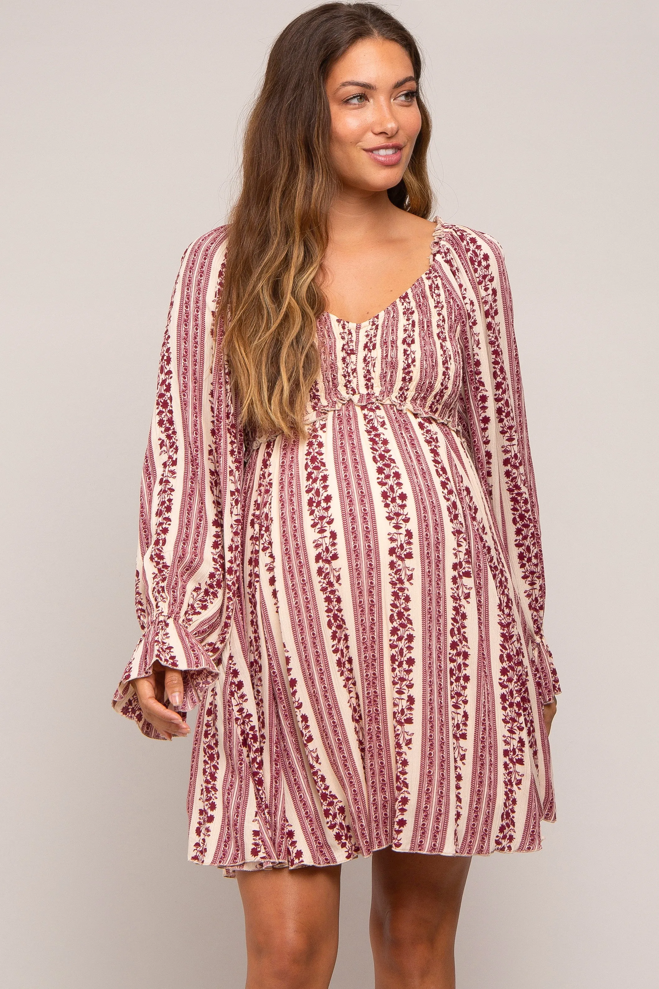 Burgundy Floral Stripe Smocked Long Sleeve Maternity Dress sold by Pinkblush