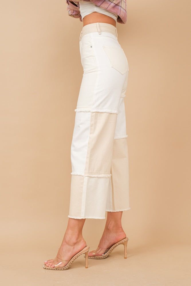 Beige White High Waisted Color Block Frill Twill Pants sold by Pinkblush product image thumbnail 3