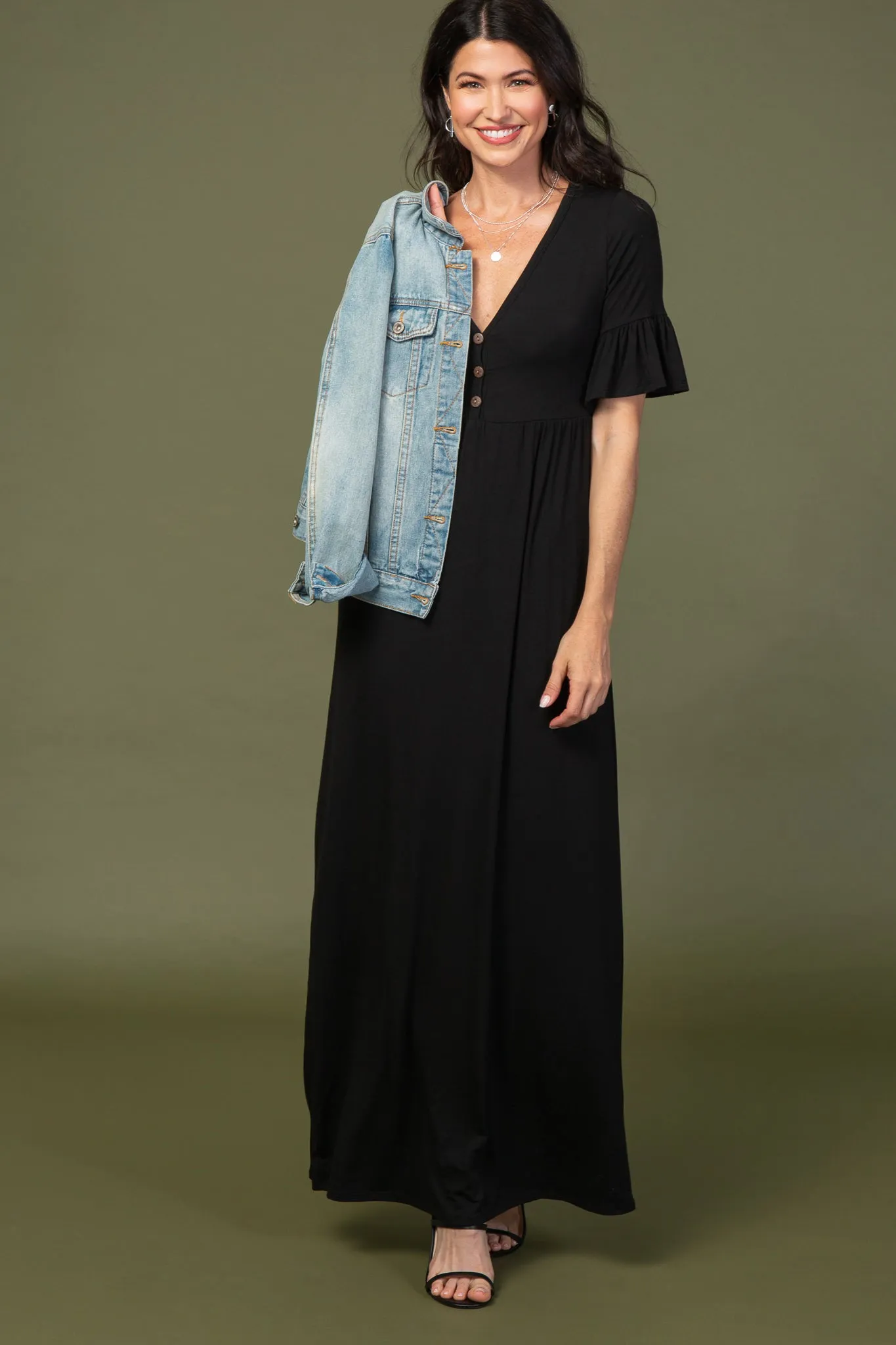 Black Button Ruffle Sleeve Maxi Dress sold by Pinkblush product image thumbnail 4