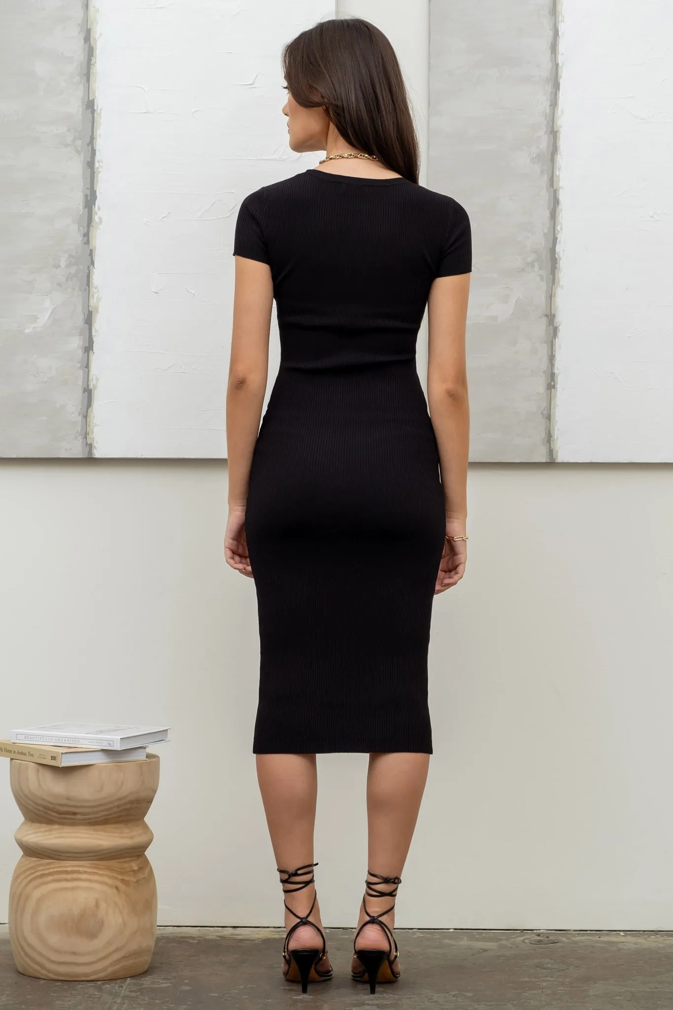 Black Short Sleeve Rib Knit Midi Dress sold by Pinkblush product image thumbnail 3