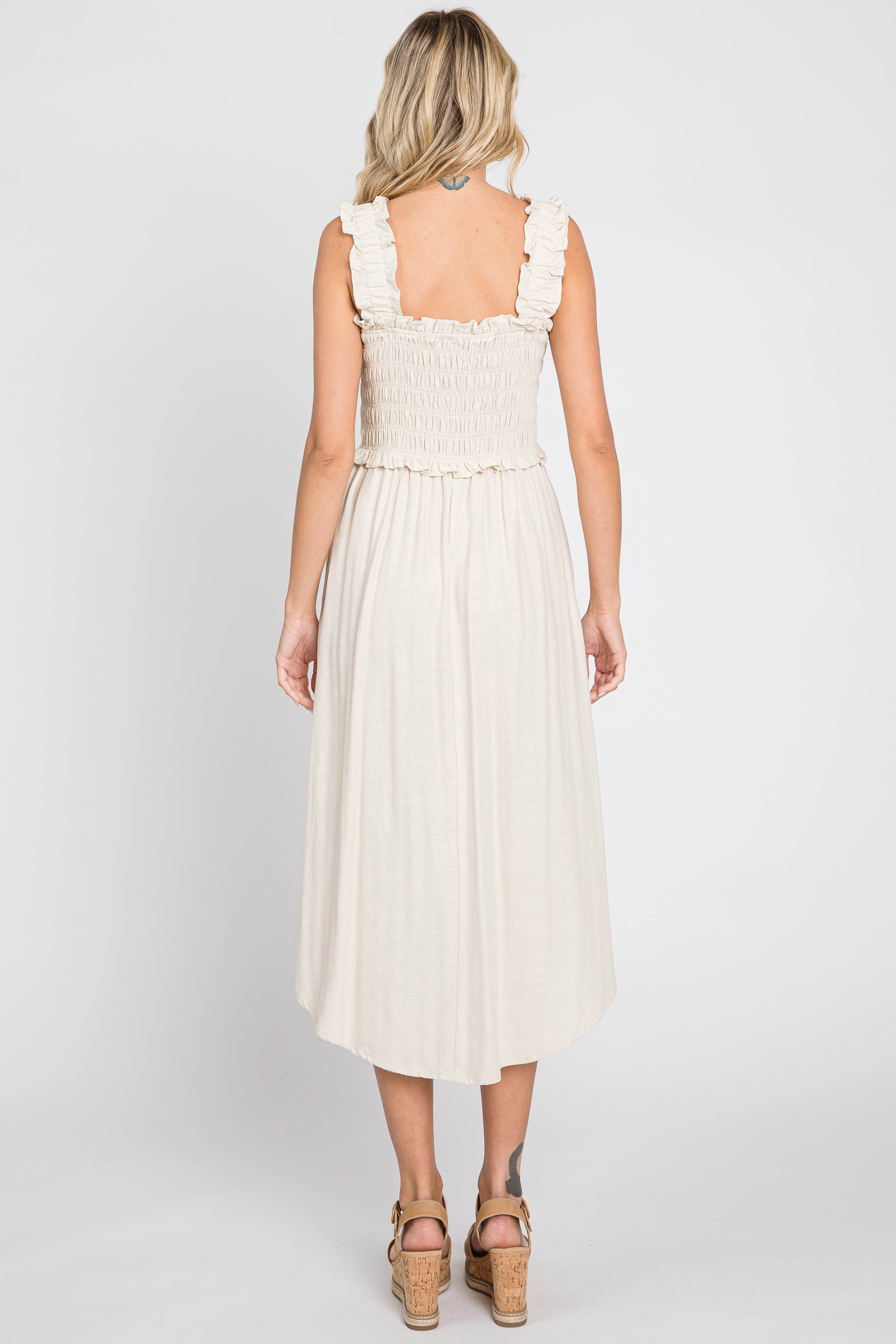 Beige Square Neck Smocked Sleeveless Midi Dress sold by Pinkblush product image thumbnail 3