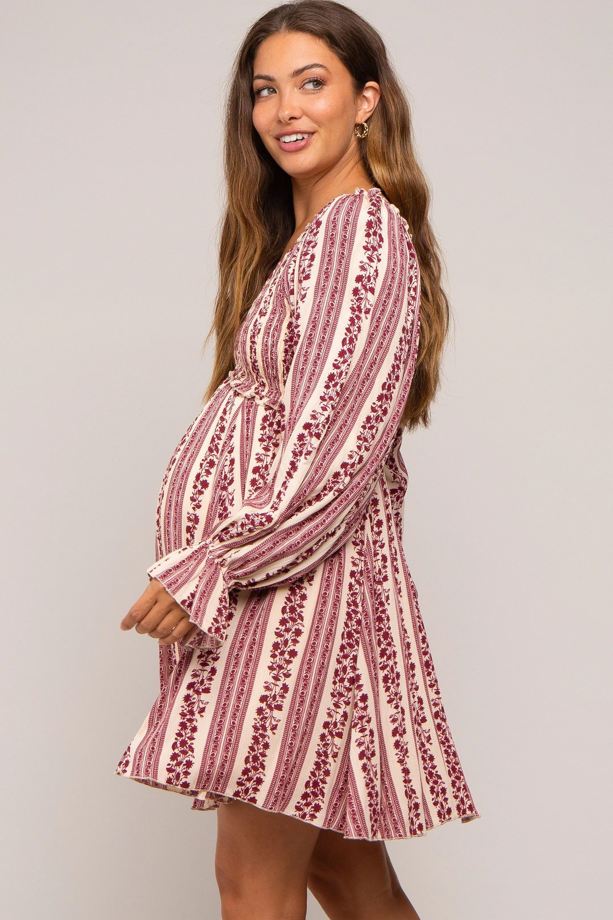 Burgundy Floral Stripe Smocked Long Sleeve Maternity Dress sold by Pinkblush product image thumbnail 2