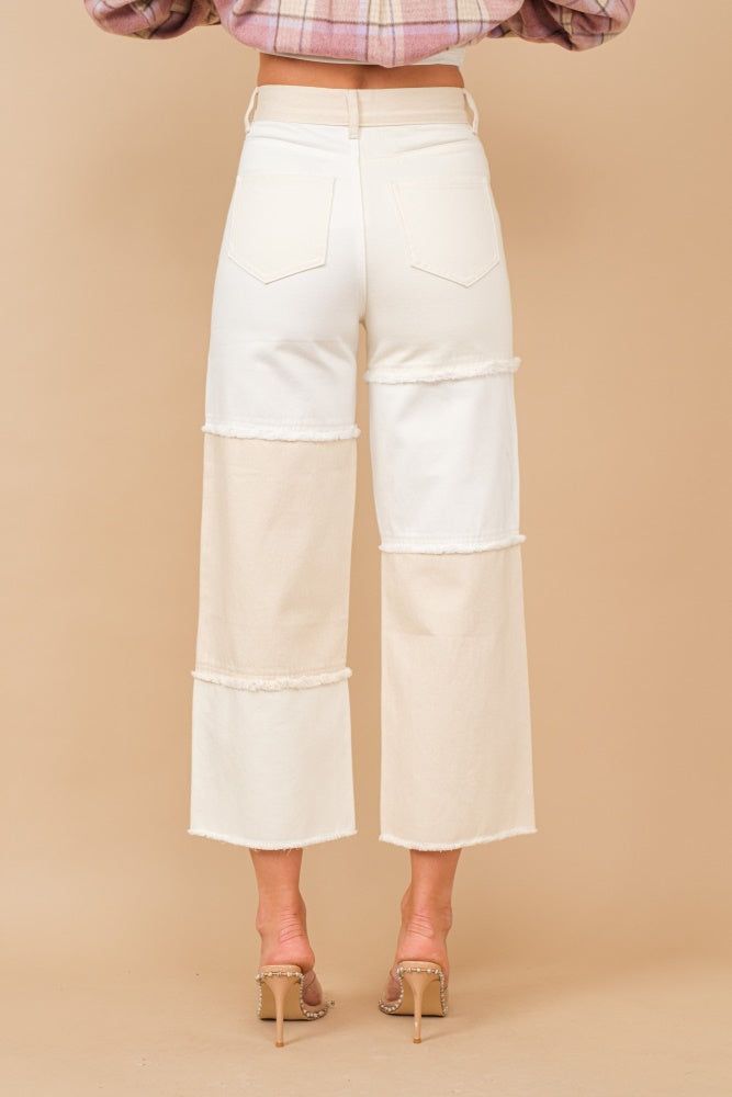 Beige White High Waisted Color Block Frill Twill Pants sold by Pinkblush product image thumbnail 4