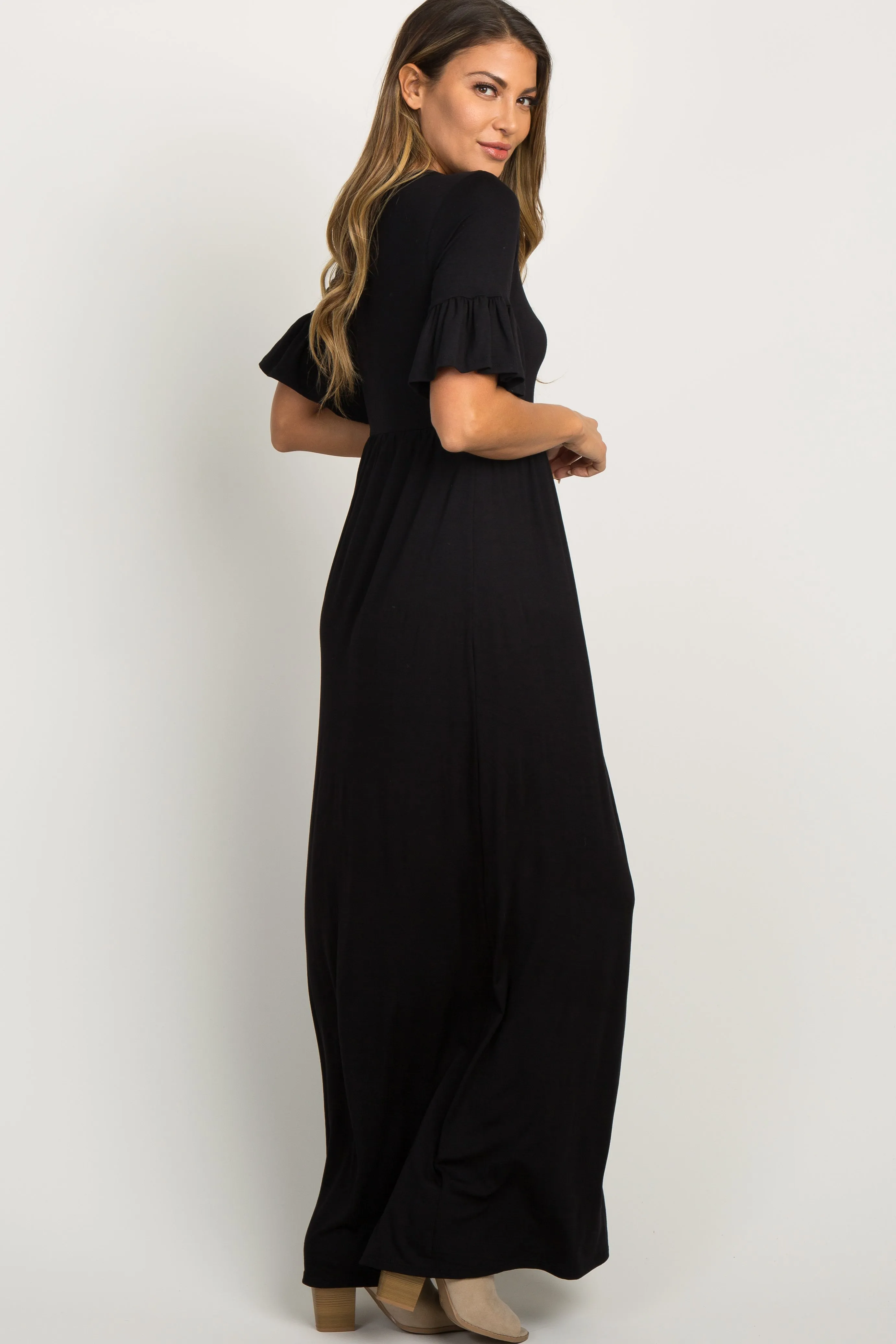 Black Button Ruffle Sleeve Maxi Dress sold by Pinkblush product image thumbnail 2