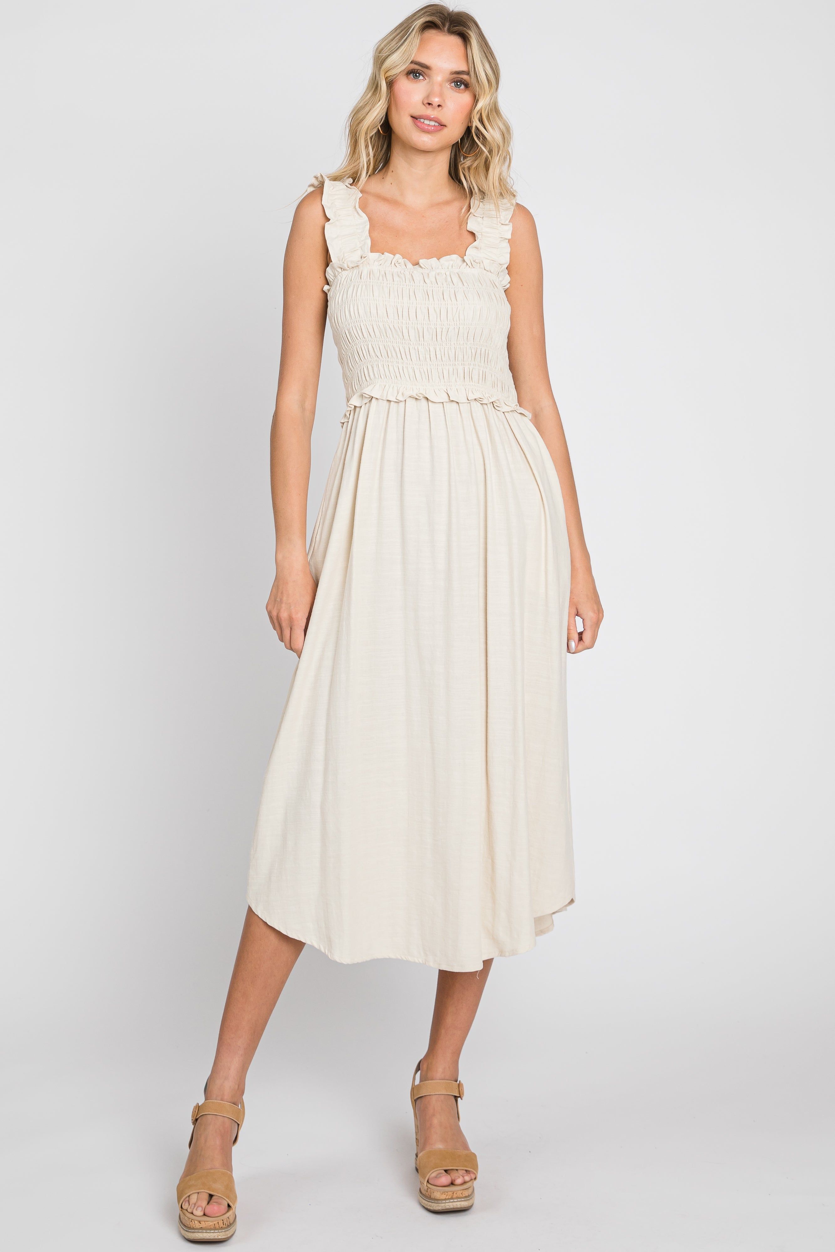 Beige Square Neck Smocked Sleeveless Midi Dress sold by Pinkblush