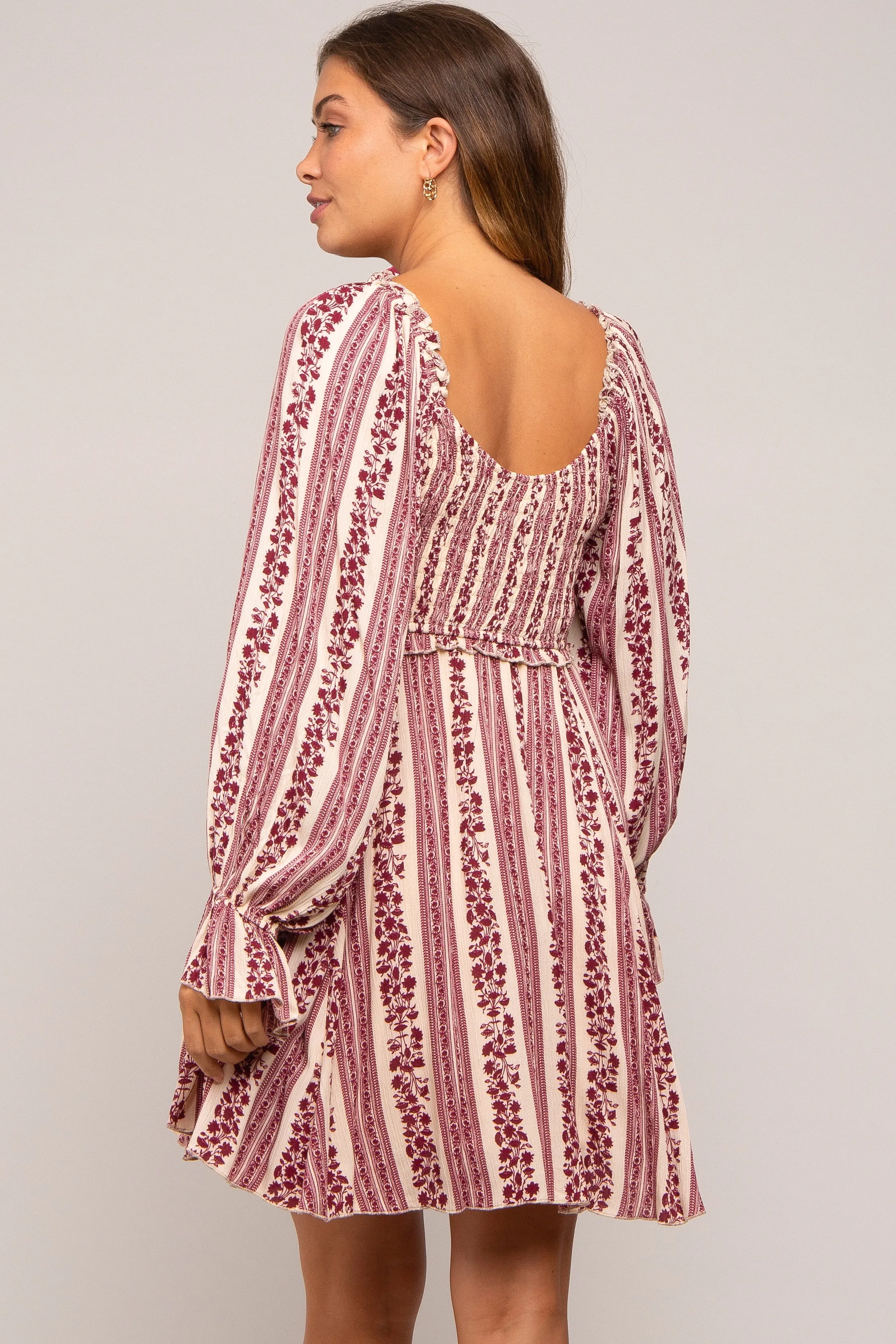 Burgundy Floral Stripe Smocked Long Sleeve Maternity Dress sold by Pinkblush product image thumbnail 3