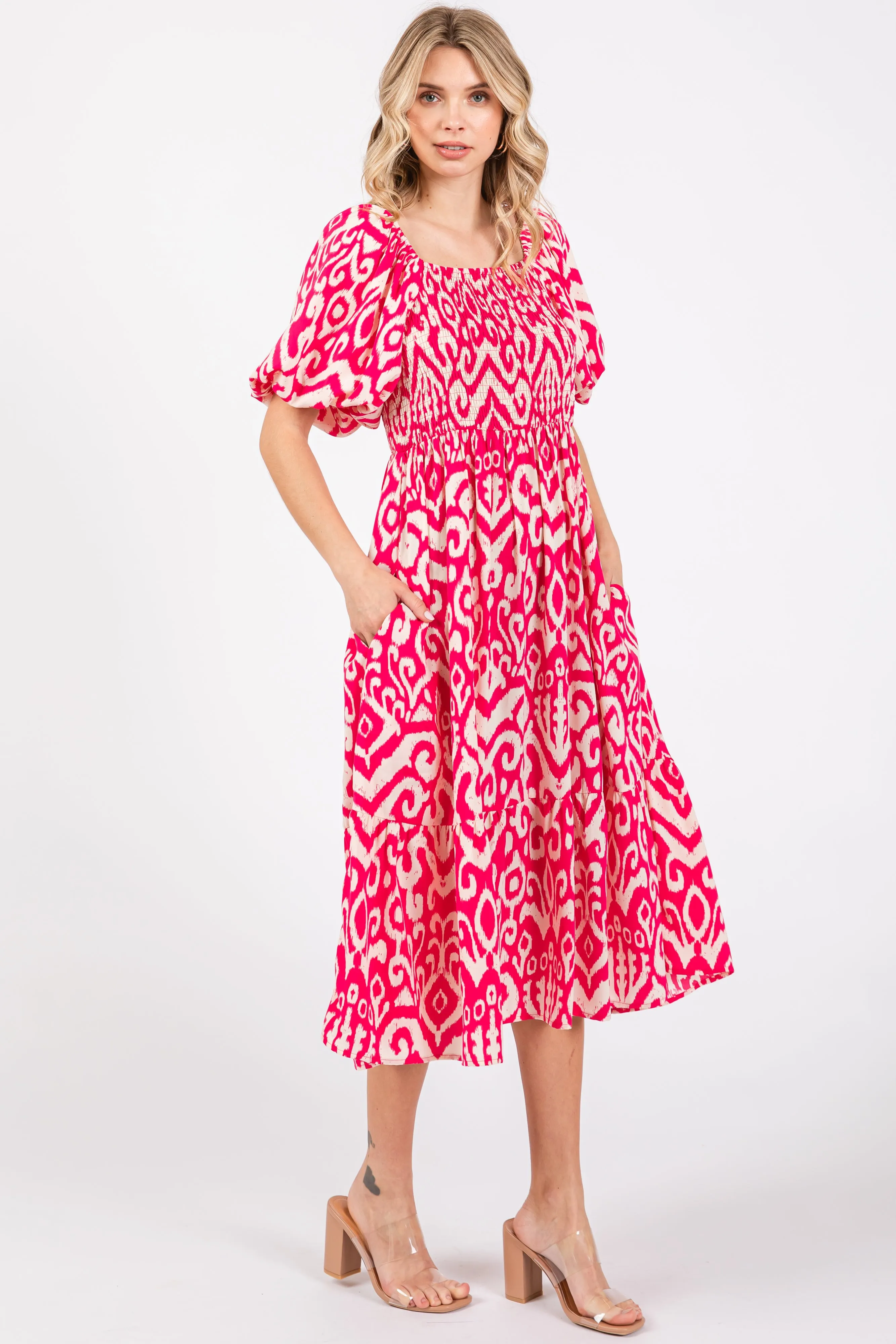 Fuchsia Square Neck Smocked Ruffle Midi Dress sold by Pinkblush product image thumbnail 3