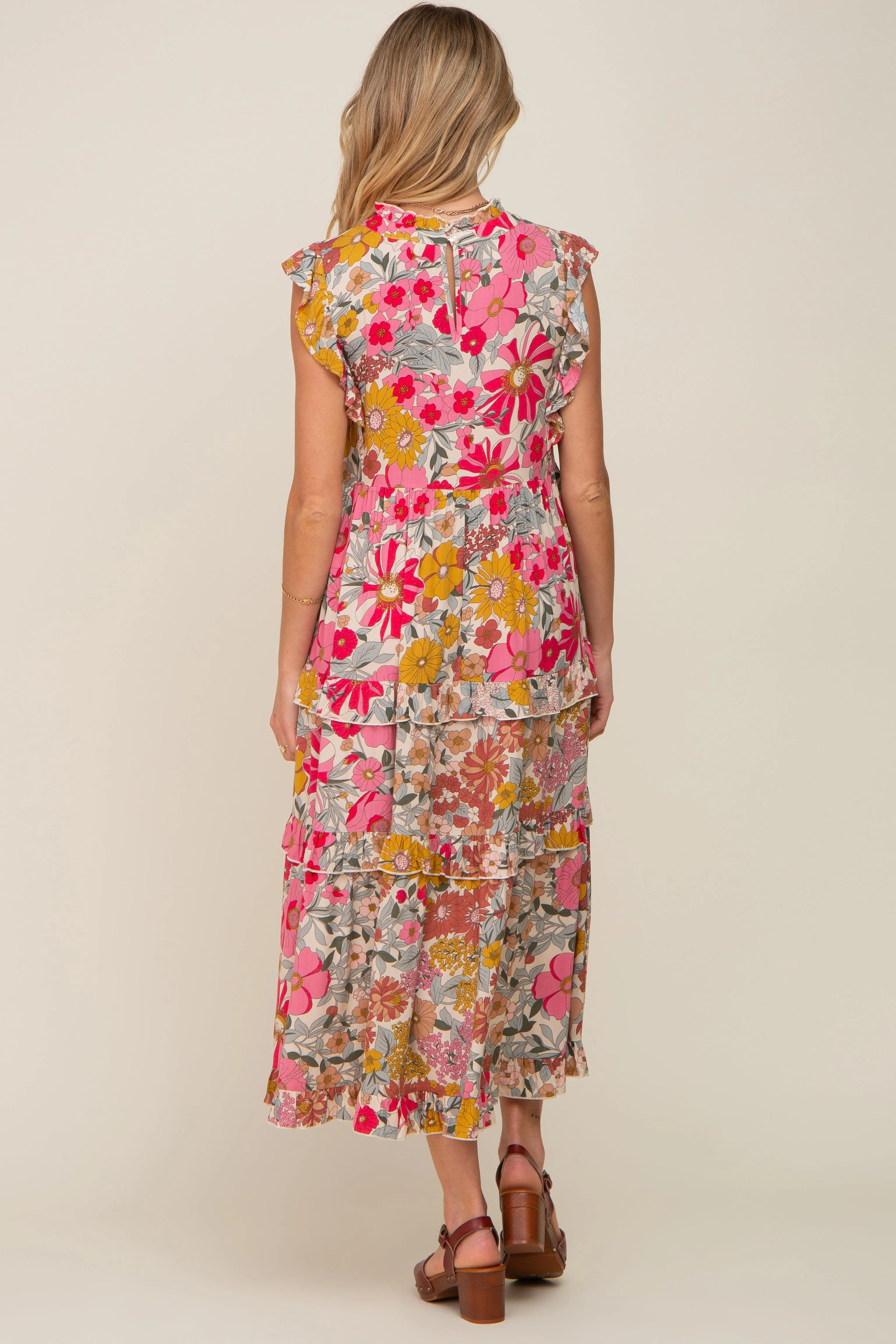 Pink Retro Floral Ruffle Tiered Maternity Midi Dress sold by Pinkblush product image thumbnail 3