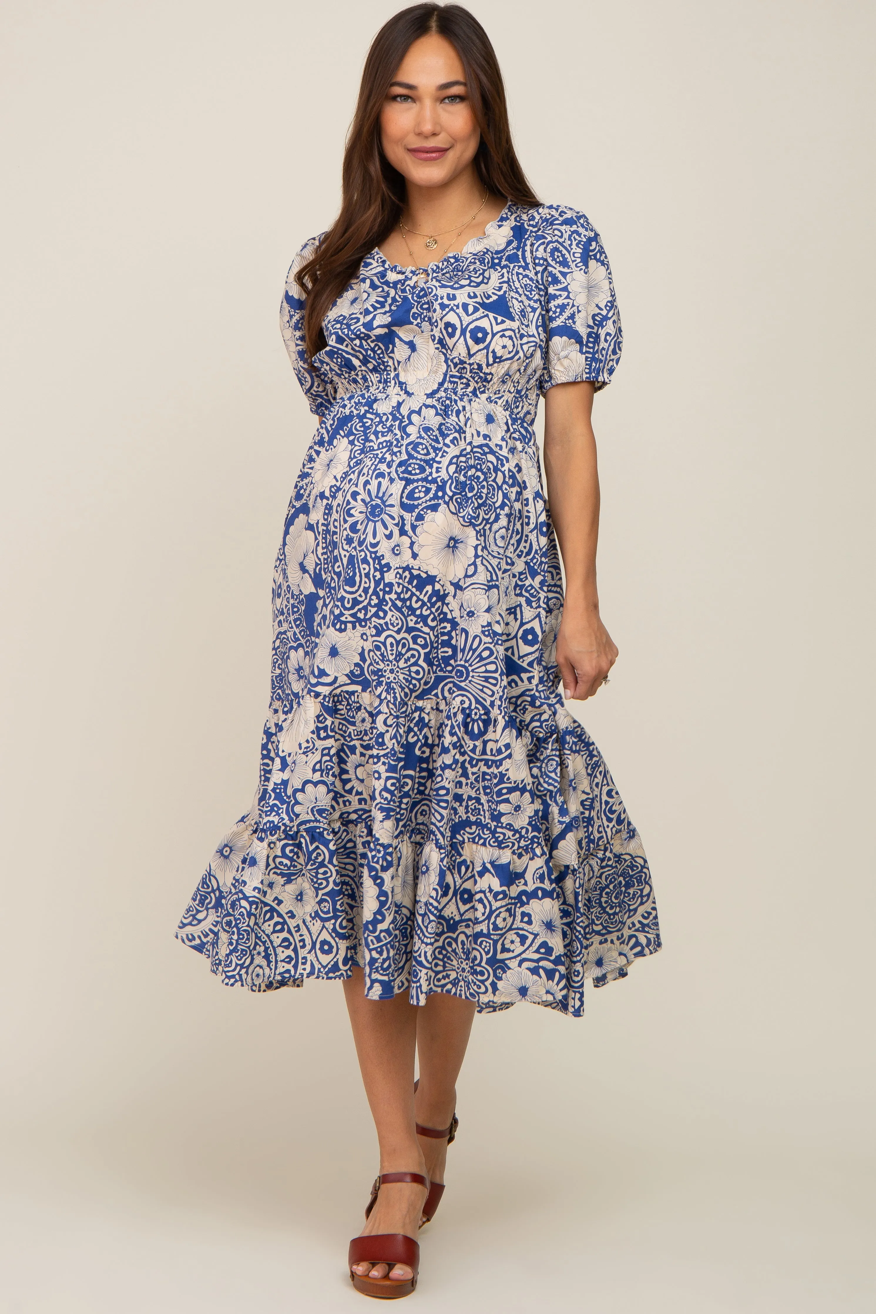 Blue Floral Tiered Maternity Midi Dress sold by Pinkblush product image thumbnail 4