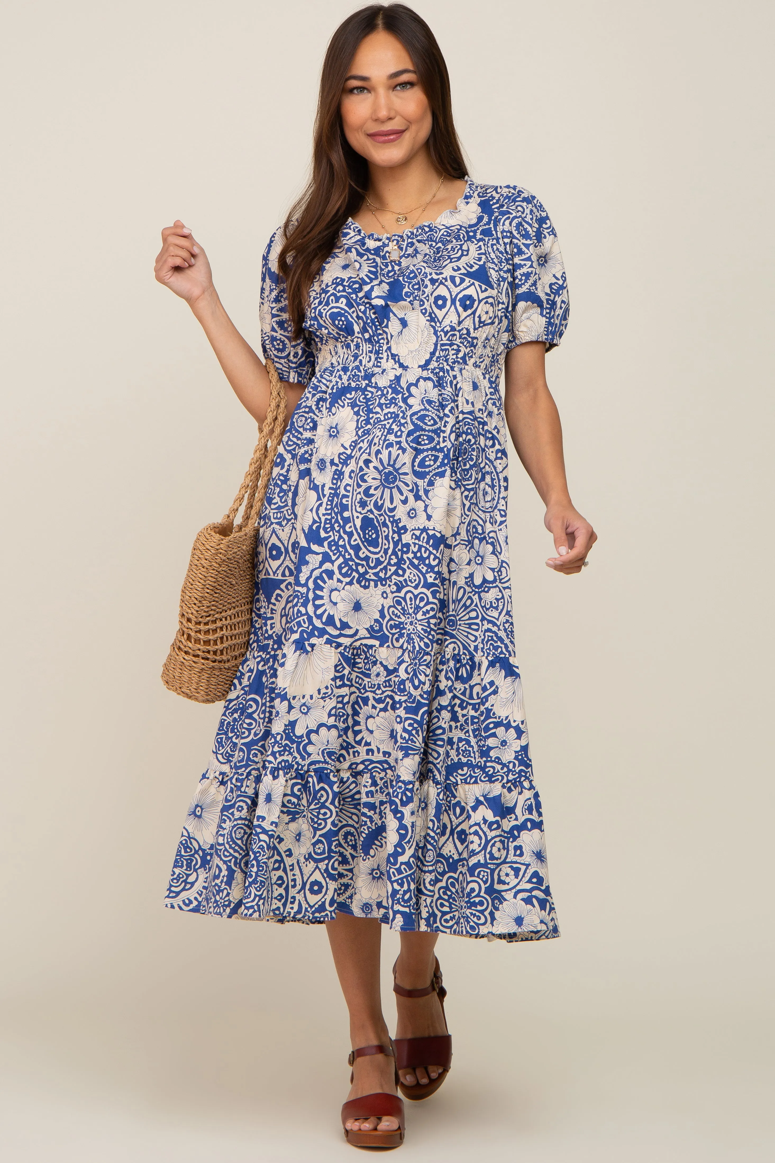 Blue Floral Tiered Maternity Midi Dress sold by Pinkblush