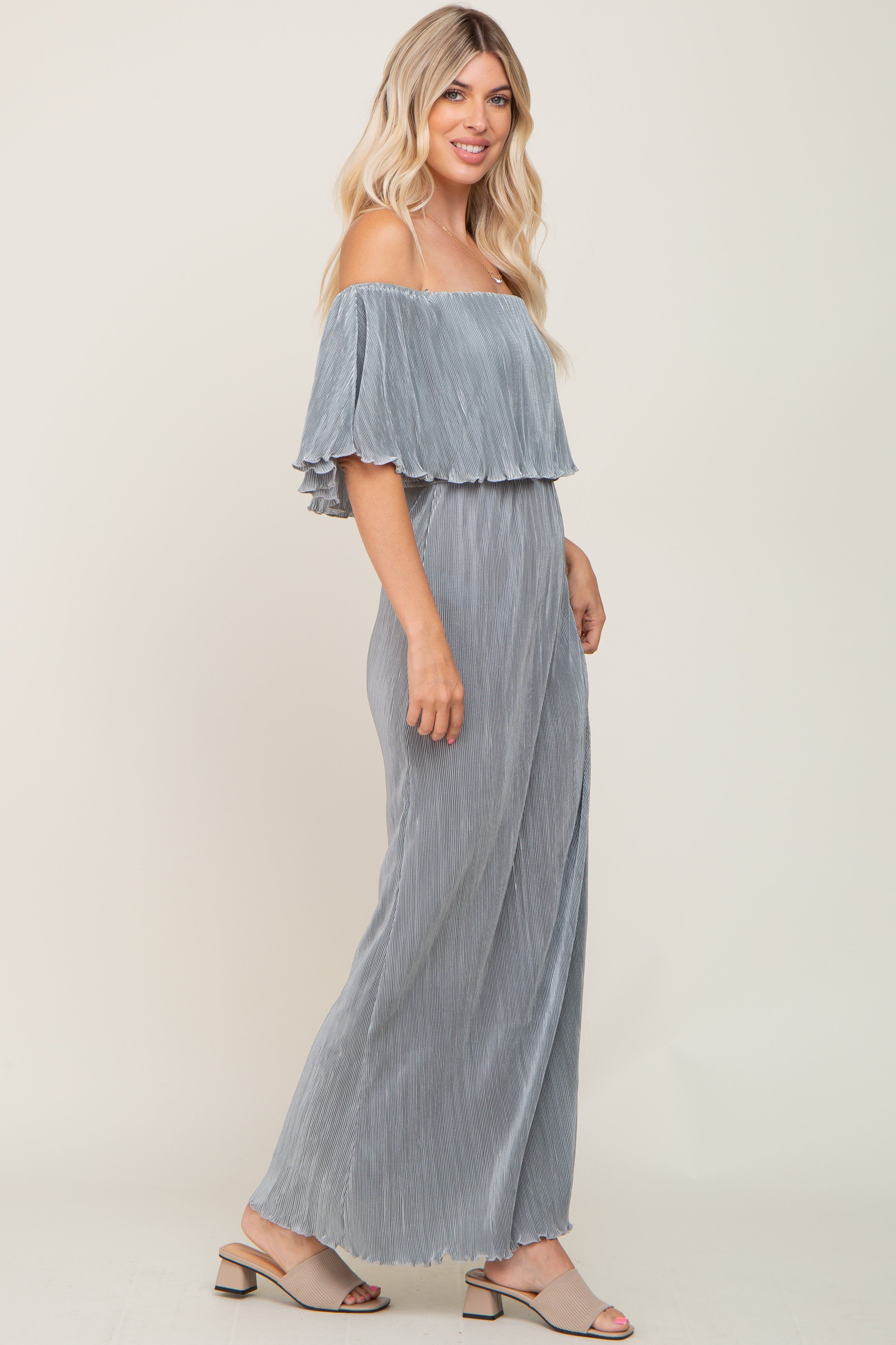 Sage Pleated Ruffle Off Shoulder Maxi Dress sold by Pinkblush product image thumbnail 2