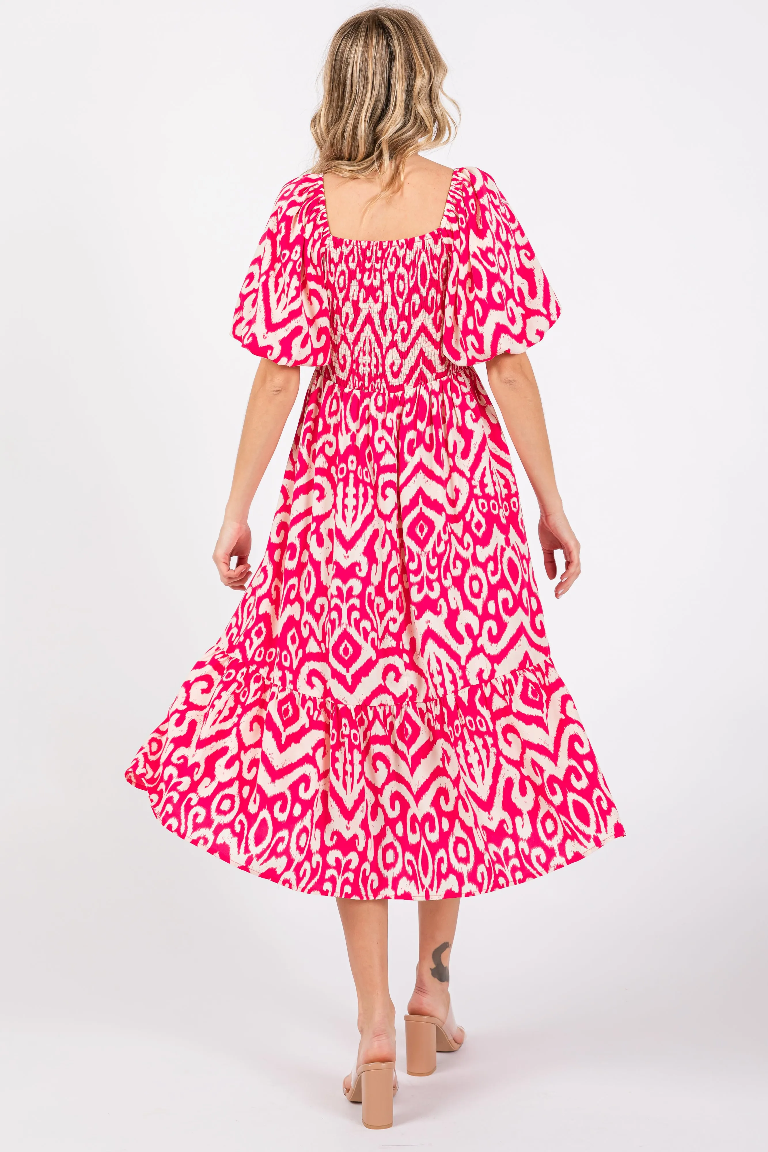 Fuchsia Square Neck Smocked Ruffle Midi Dress sold by Pinkblush product image thumbnail 4