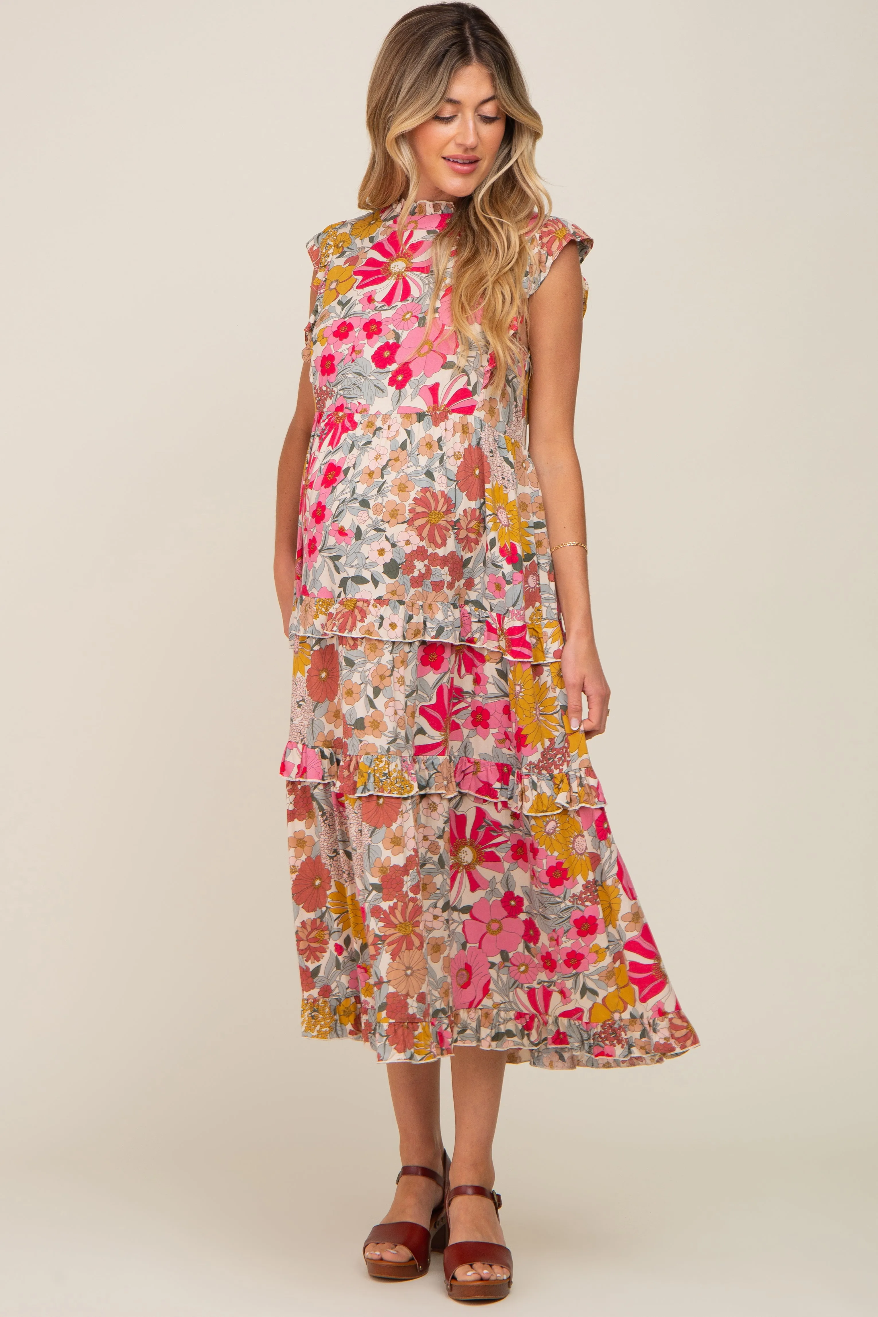 Pink Retro Floral Ruffle Tiered Maternity Midi Dress sold by Pinkblush product image thumbnail 4