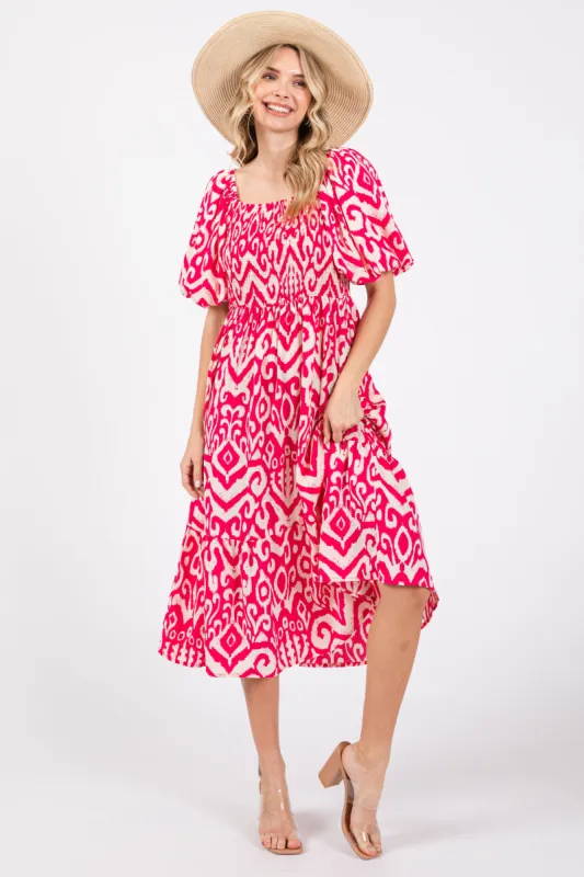 Fuchsia Square Neck Smocked Ruffle Midi Dress sold by Pinkblush