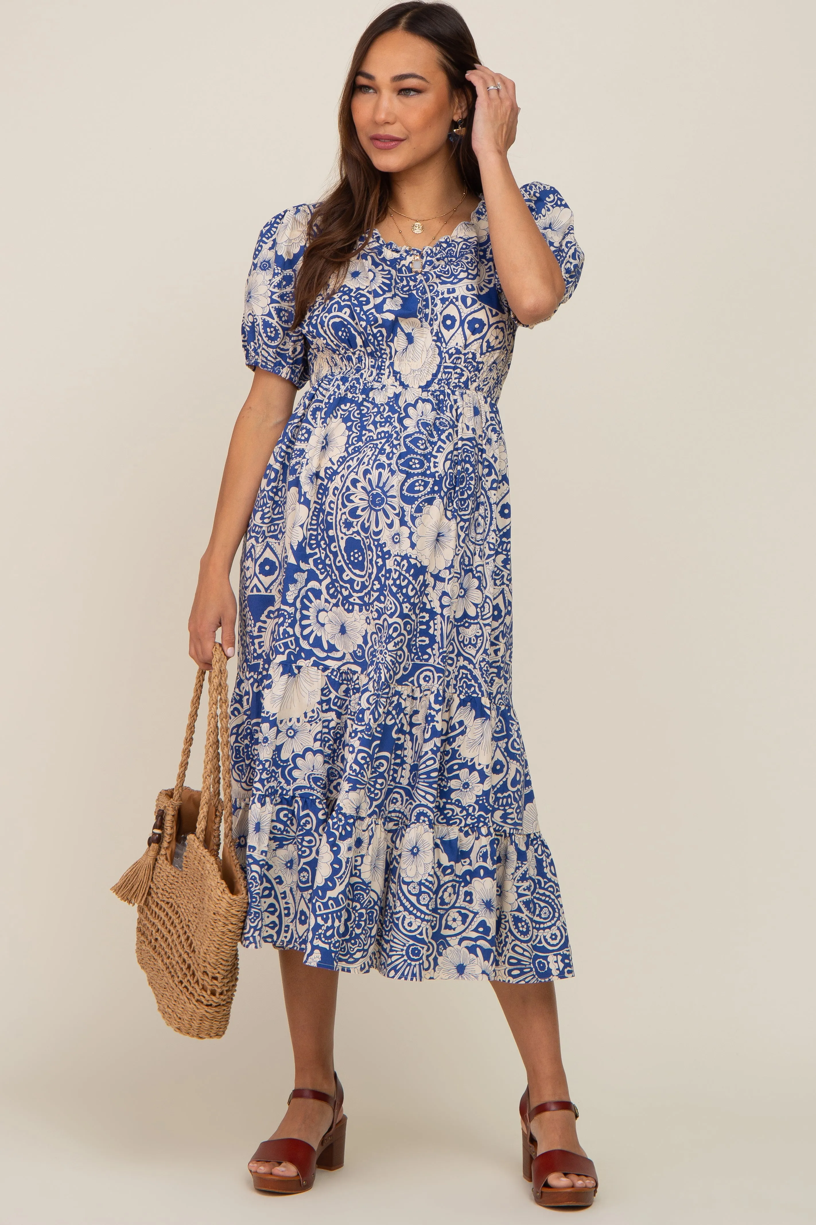 Blue Floral Tiered Maternity Midi Dress sold by Pinkblush product image thumbnail 5