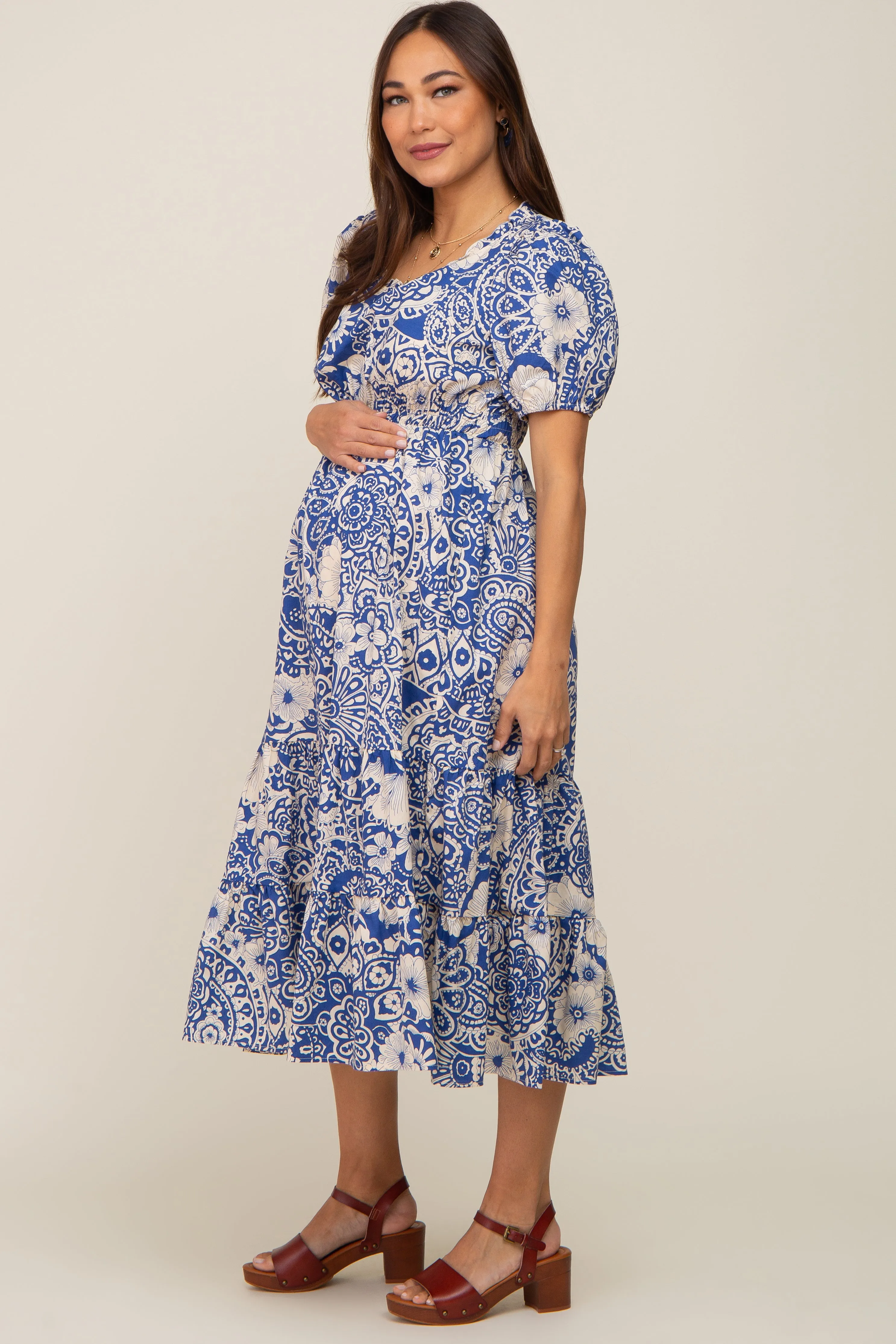Blue Floral Tiered Maternity Midi Dress sold by Pinkblush product image thumbnail 2