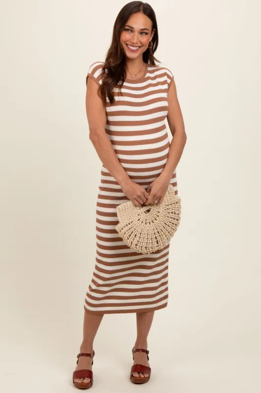 Mocha Striped Sleeveless Maternity Midi Dress sold by Pinkblush