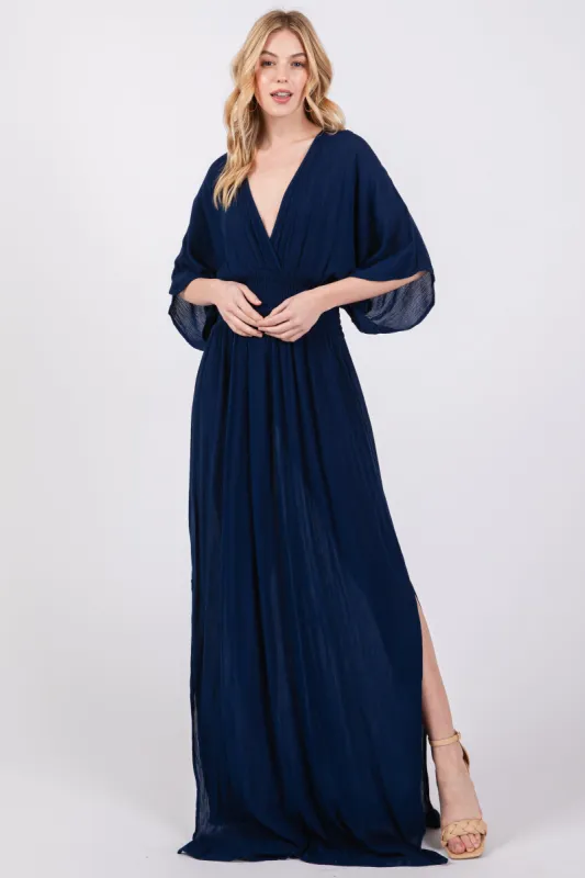 Navy Lightweight Deep V-Neck Maxi Dress sold by Pinkblush
