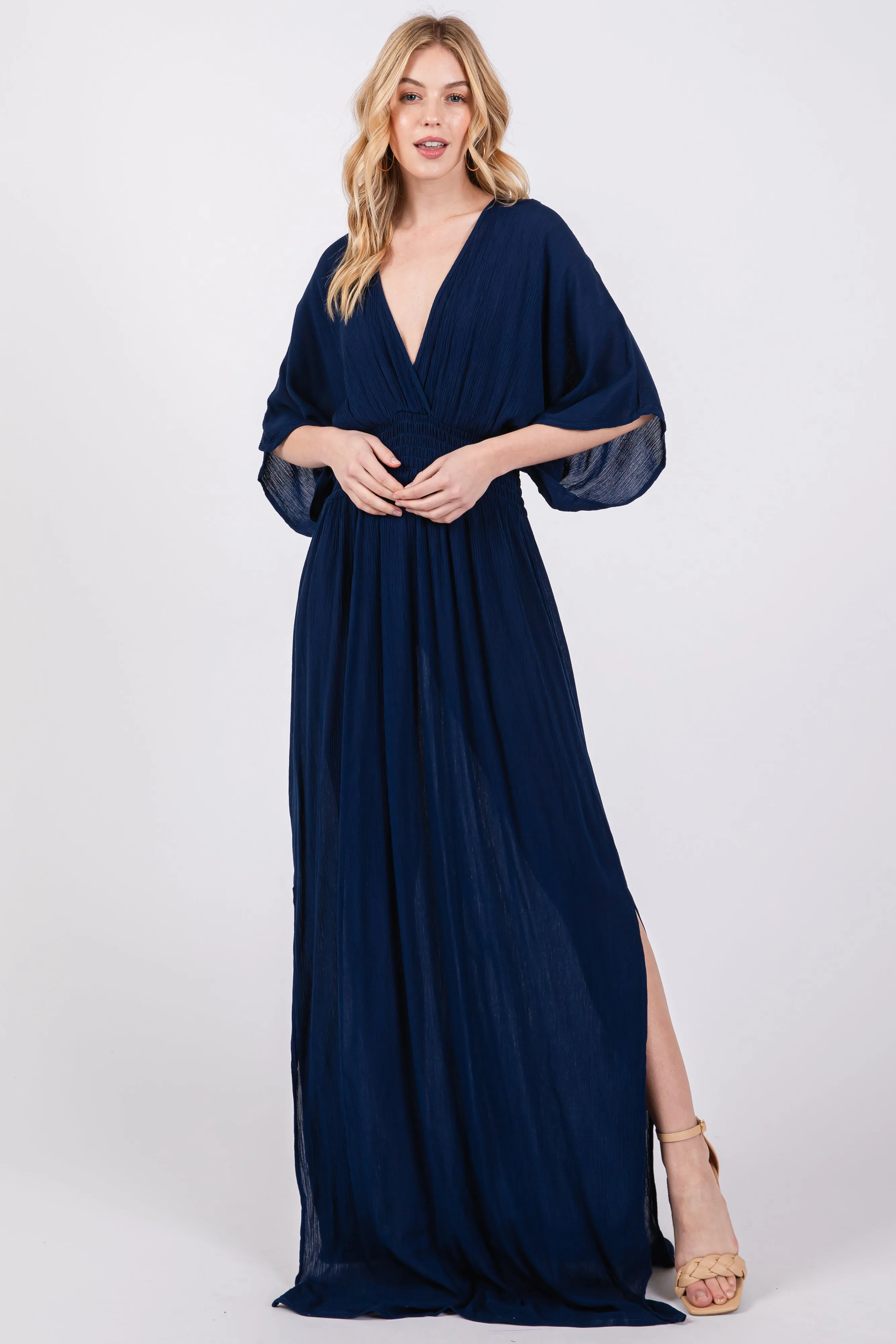Navy Lightweight Deep V-Neck Maxi Dress sold by Pinkblush