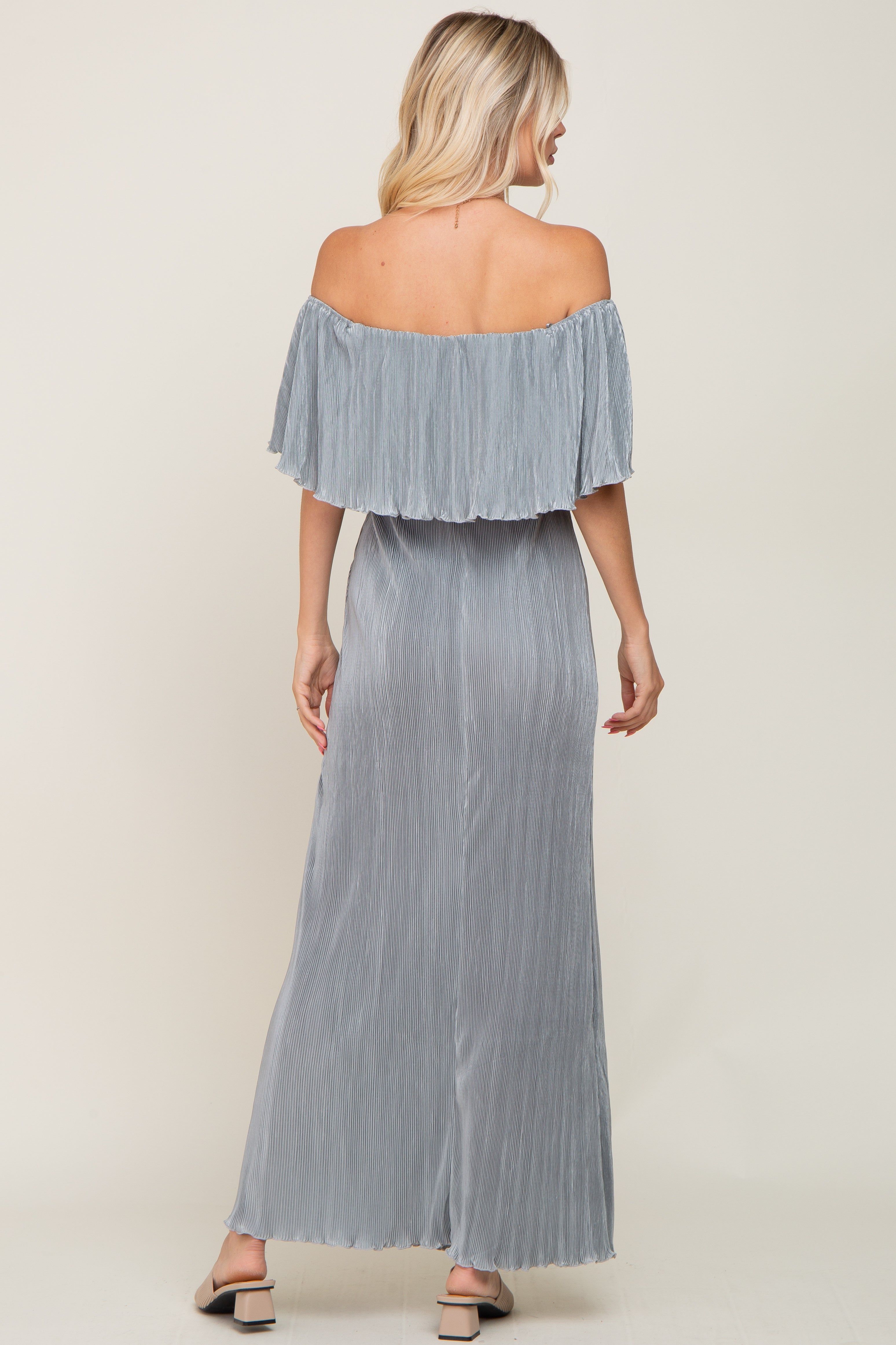 Sage Pleated Ruffle Off Shoulder Maxi Dress sold by Pinkblush product image thumbnail 3