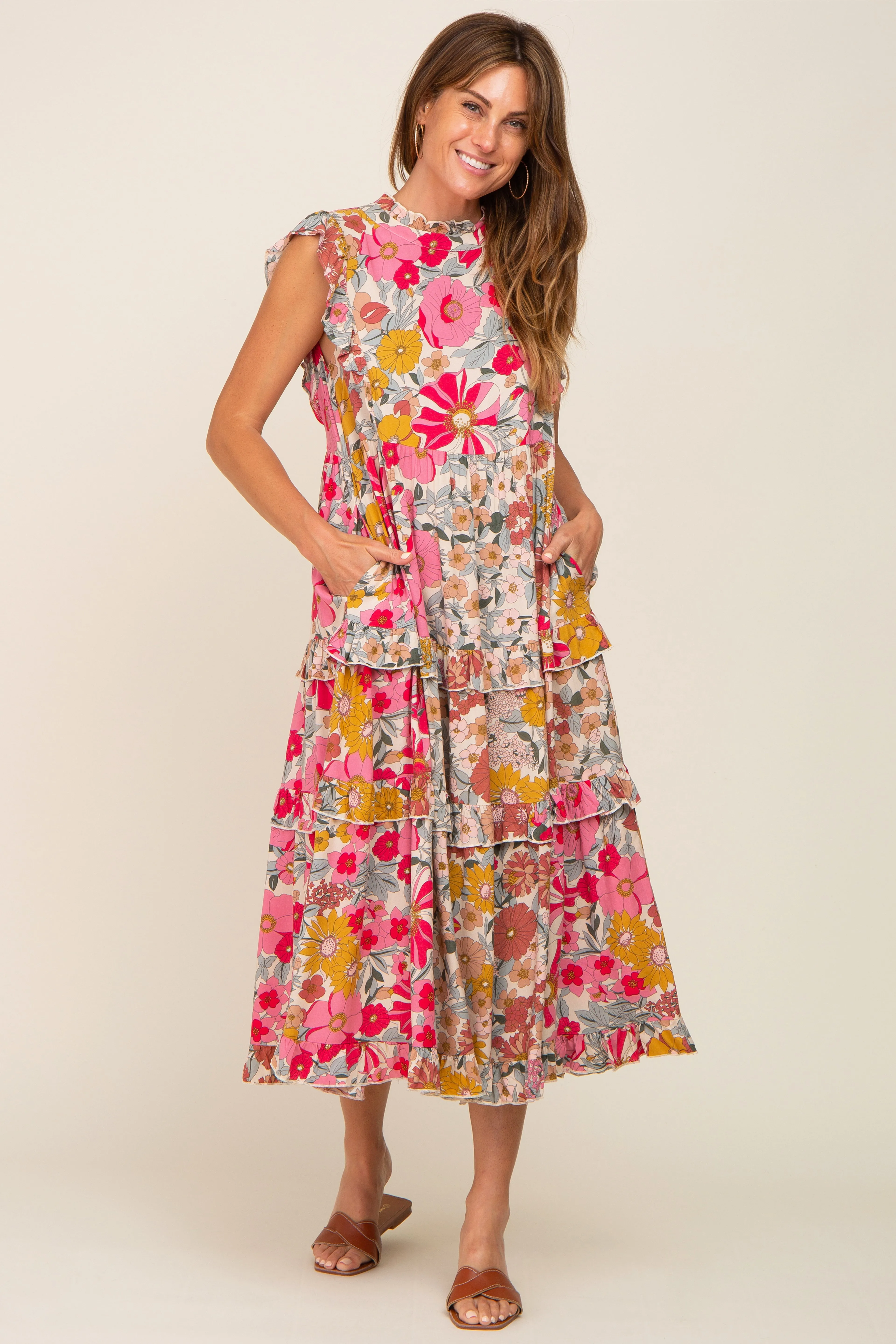 Pink Retro Floral Ruffle Tiered Maternity Midi Dress sold by Pinkblush product image thumbnail 5