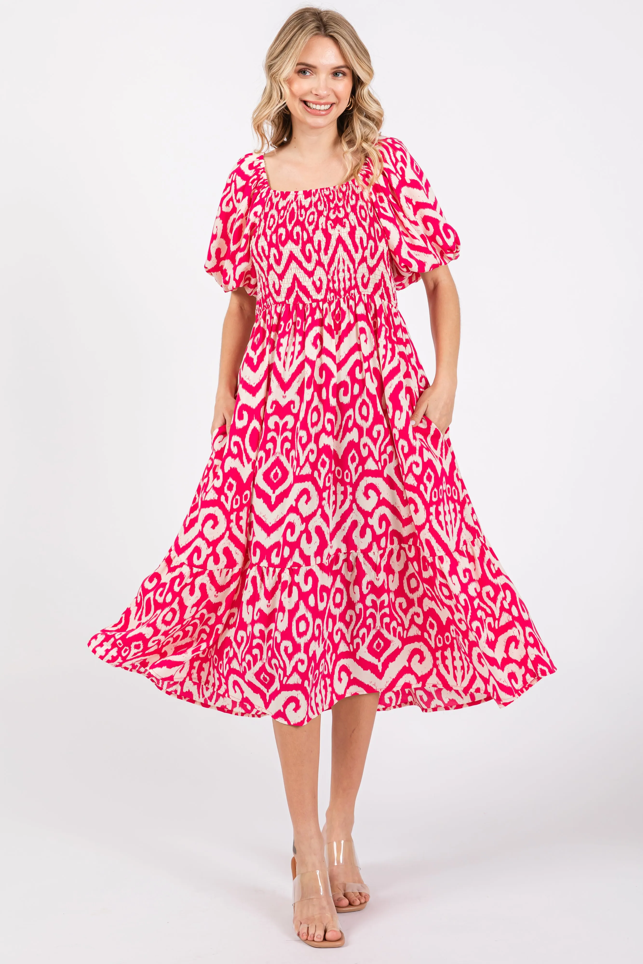 Fuchsia Square Neck Smocked Ruffle Midi Dress sold by Pinkblush product image thumbnail 2