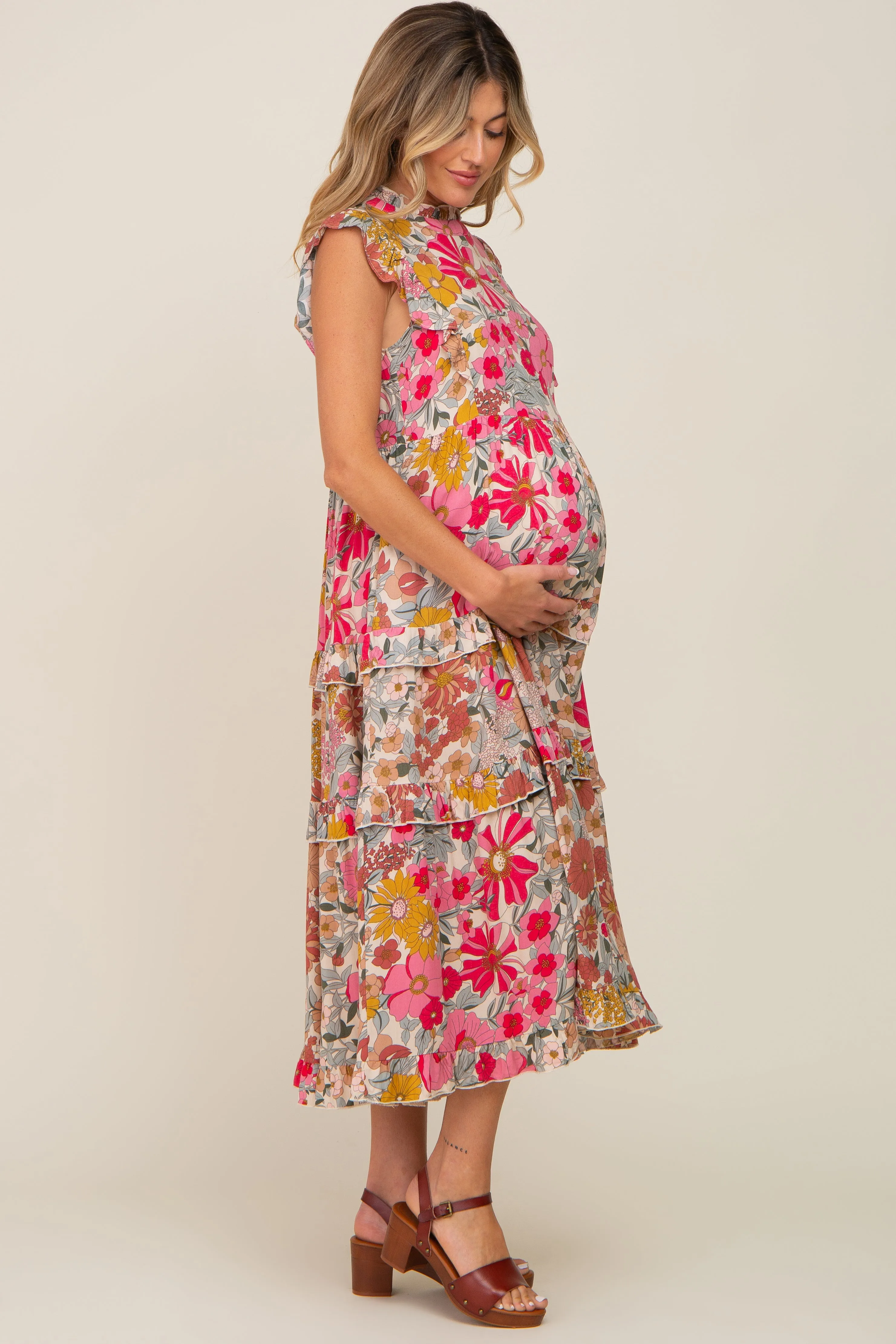 Pink Retro Floral Ruffle Tiered Maternity Midi Dress sold by Pinkblush product image thumbnail 2