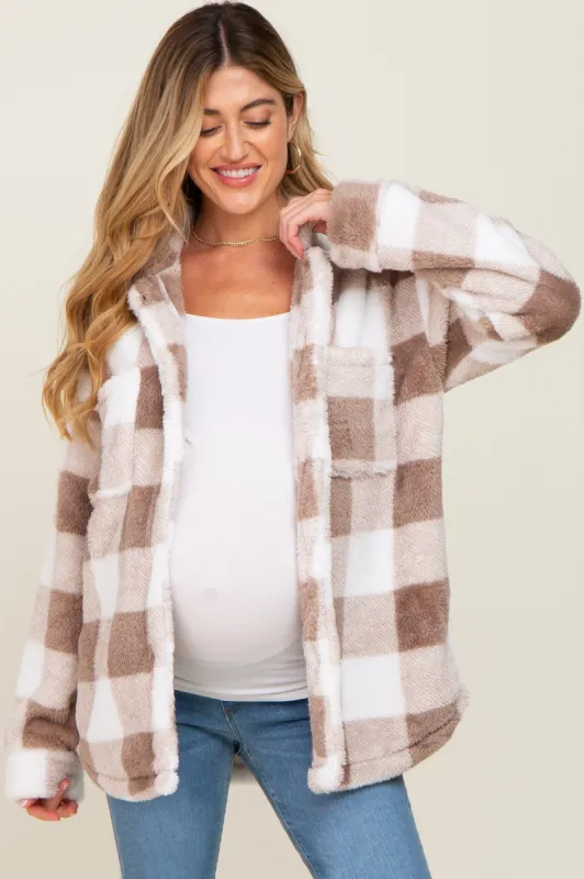 Mocha Plaid Fuzzy Maternity Shirt Jacket made by Pinkblush