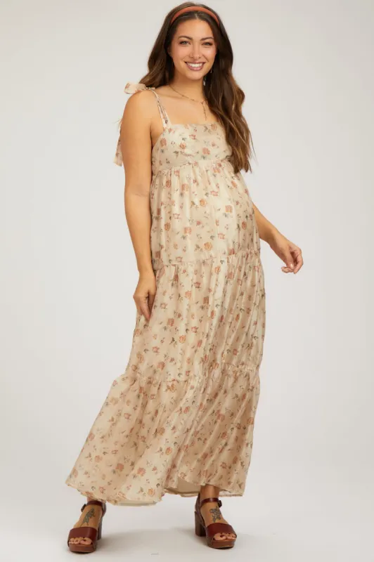 Cream Floral Shoulder Tie Tiered Maternity Maxi Dress sold by Pinkblush