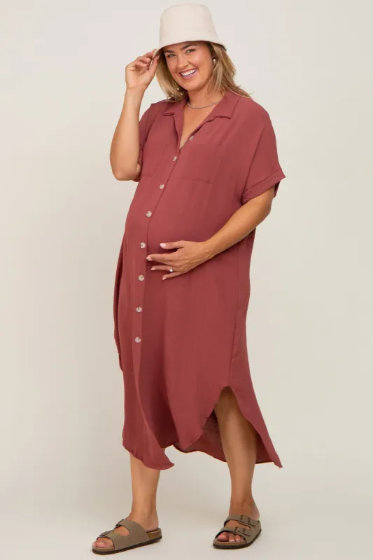 Rust Button Down Hi Low Maternity Plus Maxi Dress sold by Pinkblush