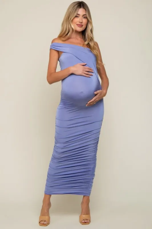 Periwinkle Asymmetrical Off Shoulder Ruched Maternity Midi Dress sold by Pinkblush