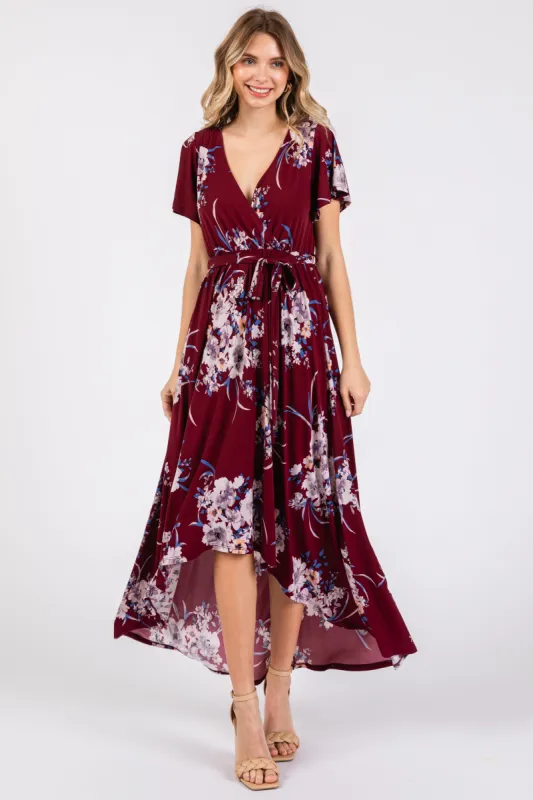 Burgundy Floral Print Wrap Front V-Neck Hi-Low Midi Dress sold by Pinkblush