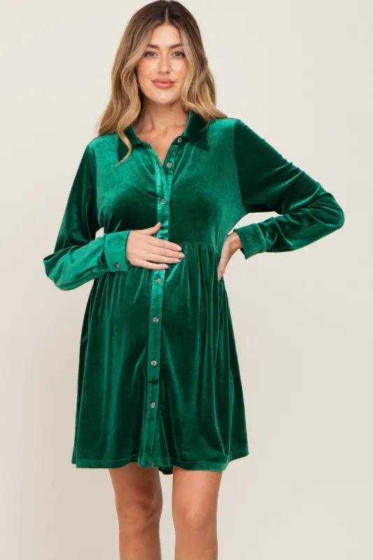 Emerald Green Velvet Button Down Maternity Mini Dress sold by Pinkblush