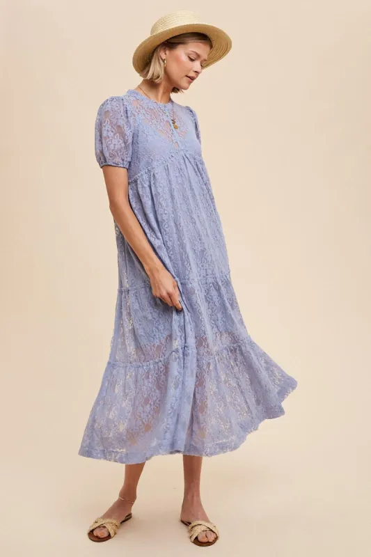 Blue Lace Tiered Midi Dress sold by Pinkblush