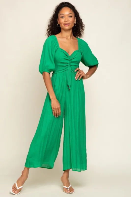 Green Smocked Drawstring Front Short Sleeve Jumpsuit sold by Pinkblush