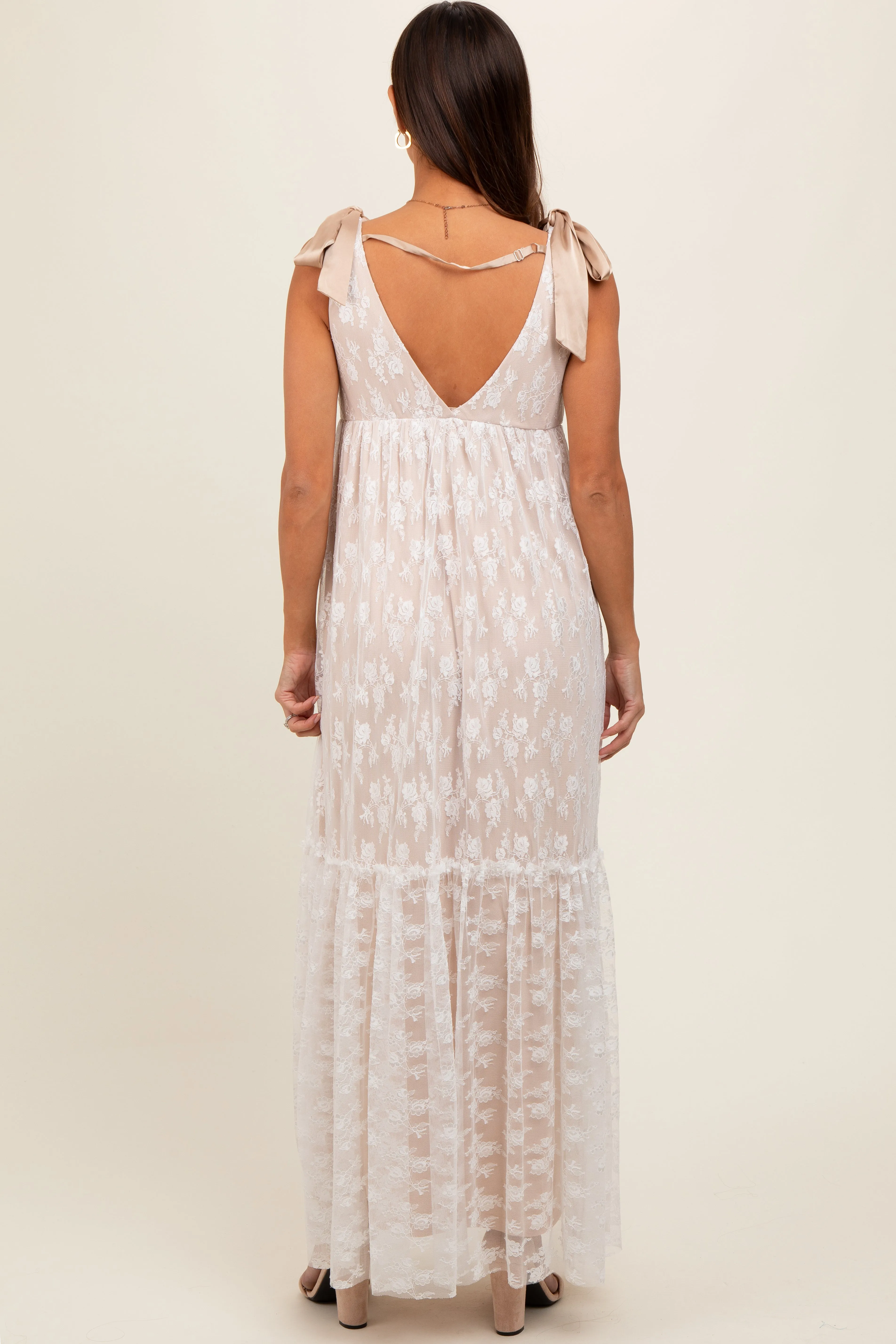 Beige V-Neck Satin Tie Lace Overlay Maternity Maxi Dress sold by Pinkblush product image thumbnail 3