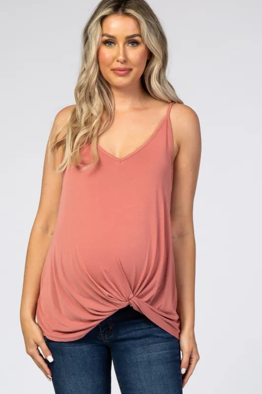 Rust Solid Knot Front Cami Strap Maternity Top sold by Pinkblush