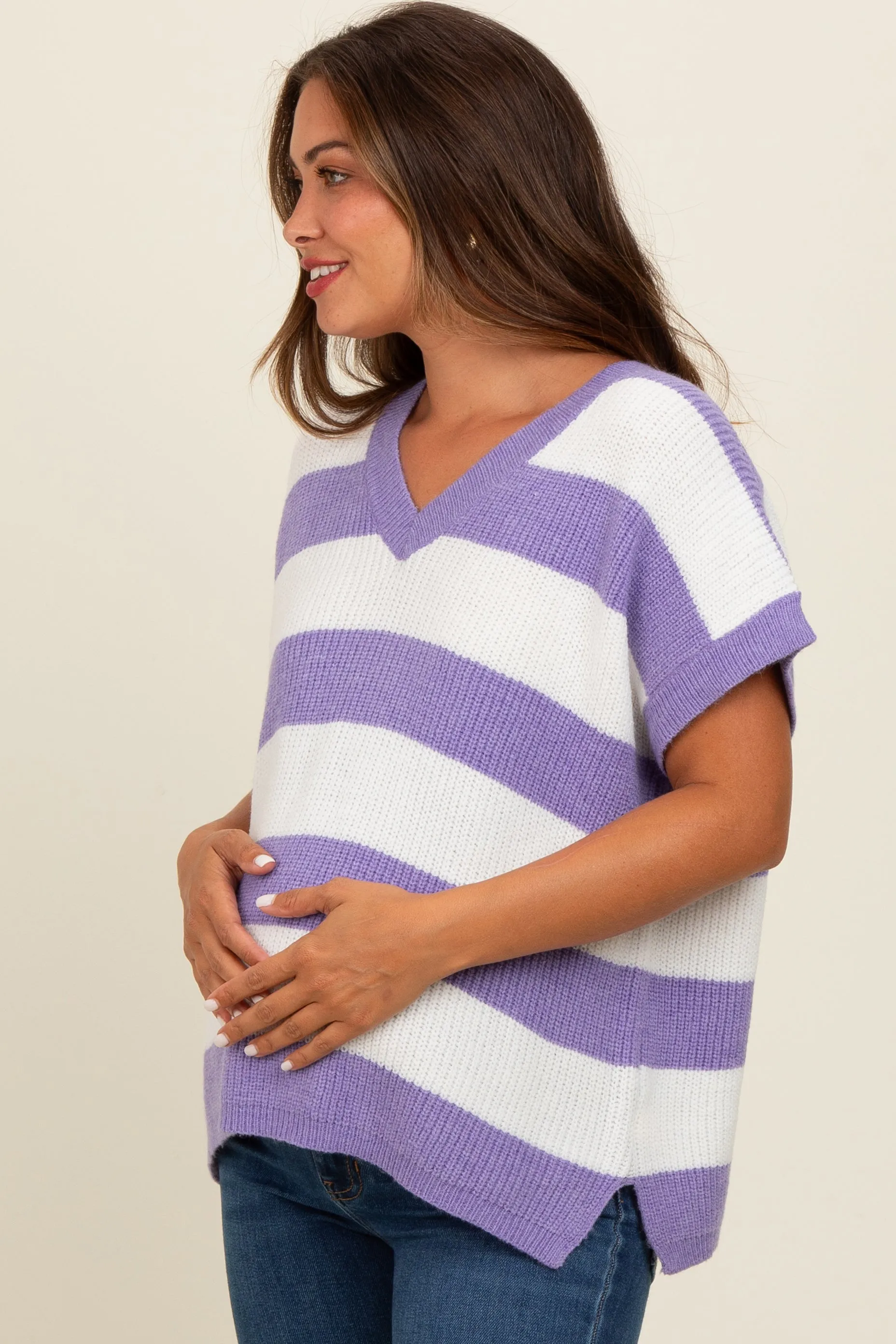 Purple Striped V-Neck Maternity Sweater Top sold by Pinkblush product image thumbnail 3