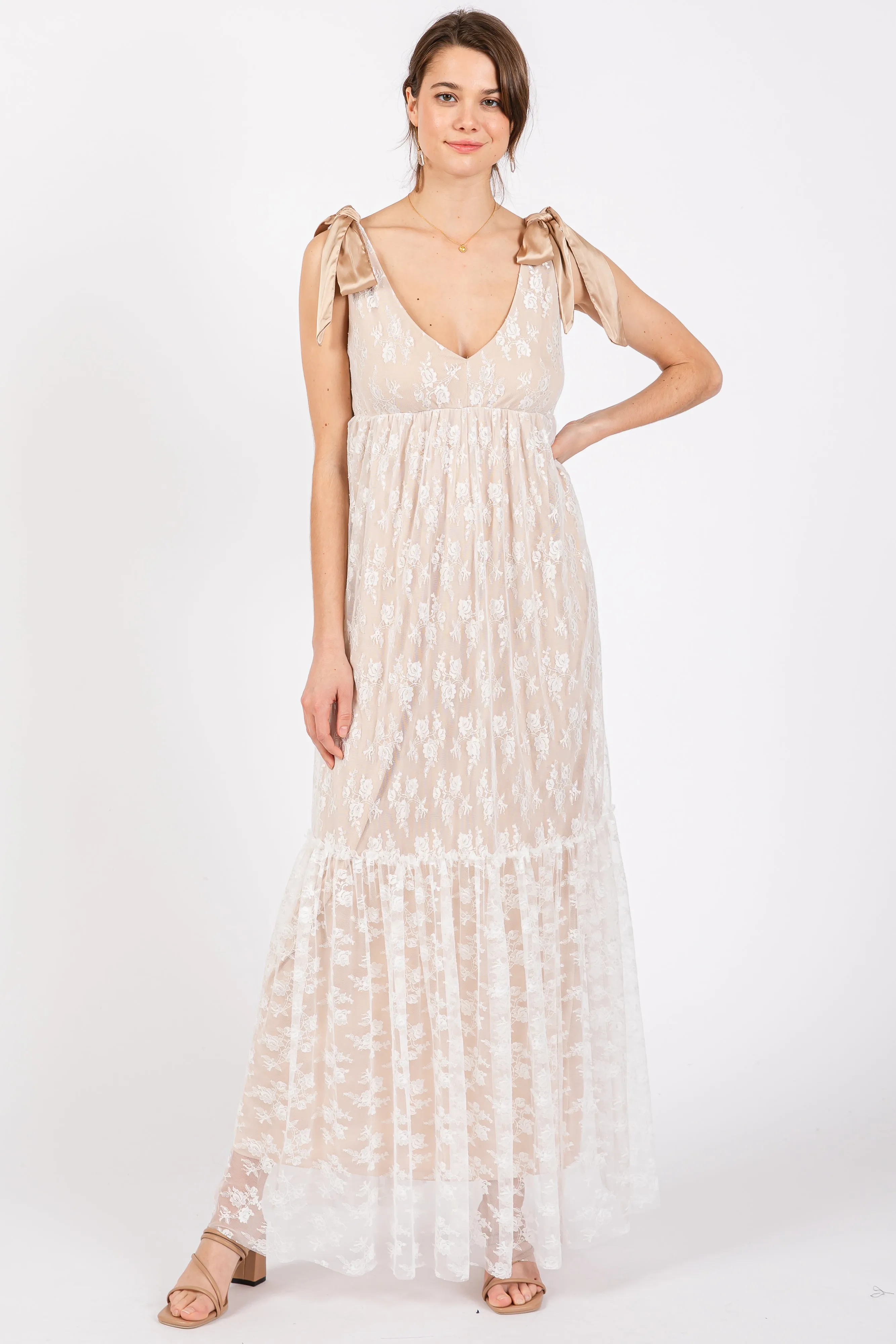 Beige V-Neck Satin Tie Lace Overlay Maternity Maxi Dress sold by Pinkblush product image thumbnail 4