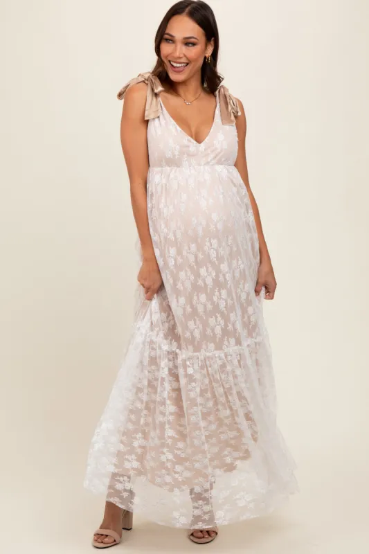 Beige V-Neck Satin Tie Lace Overlay Maternity Maxi Dress sold by Pinkblush