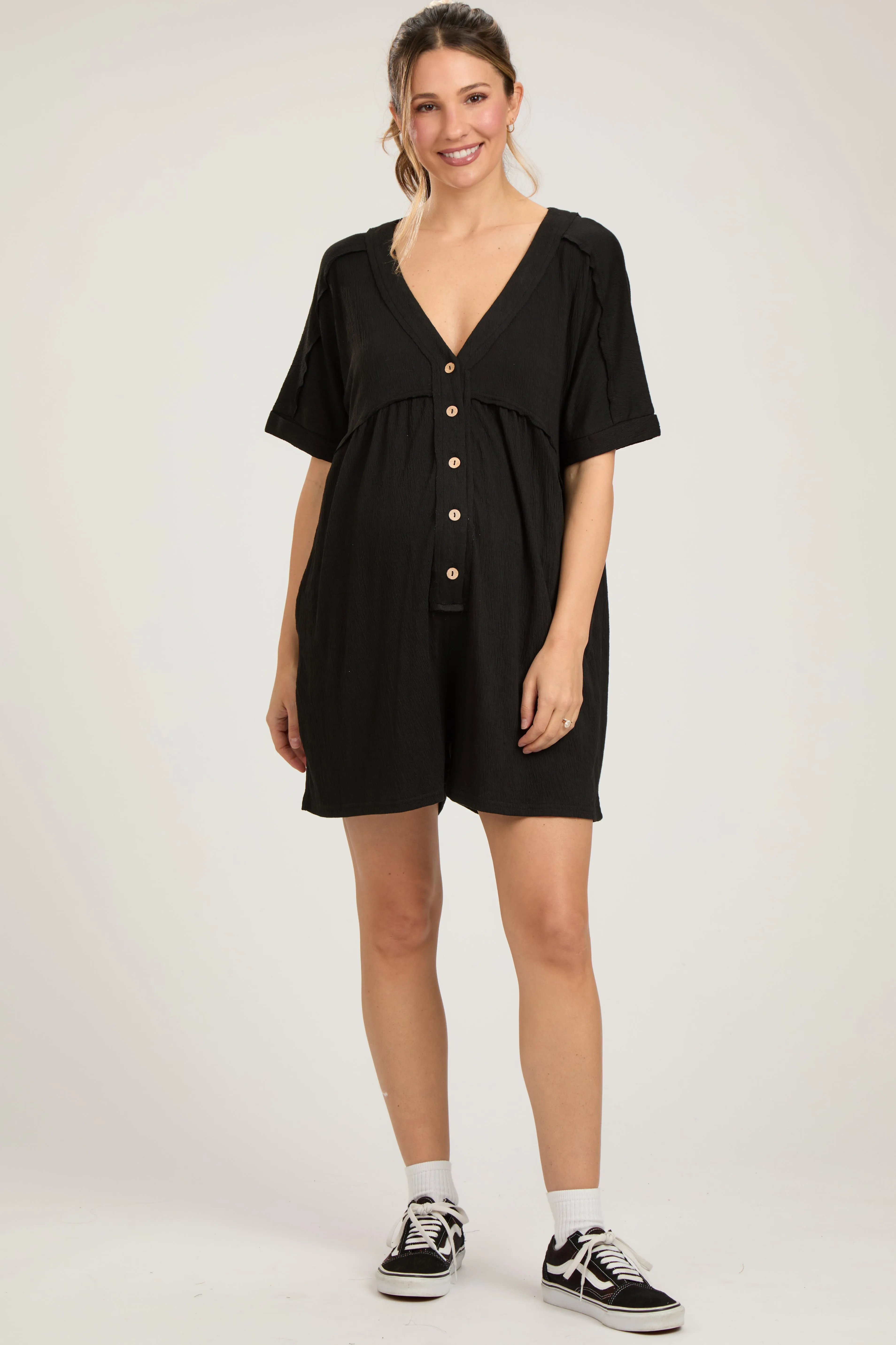 Black Button Down Maternity Romper sold by Pinkblush