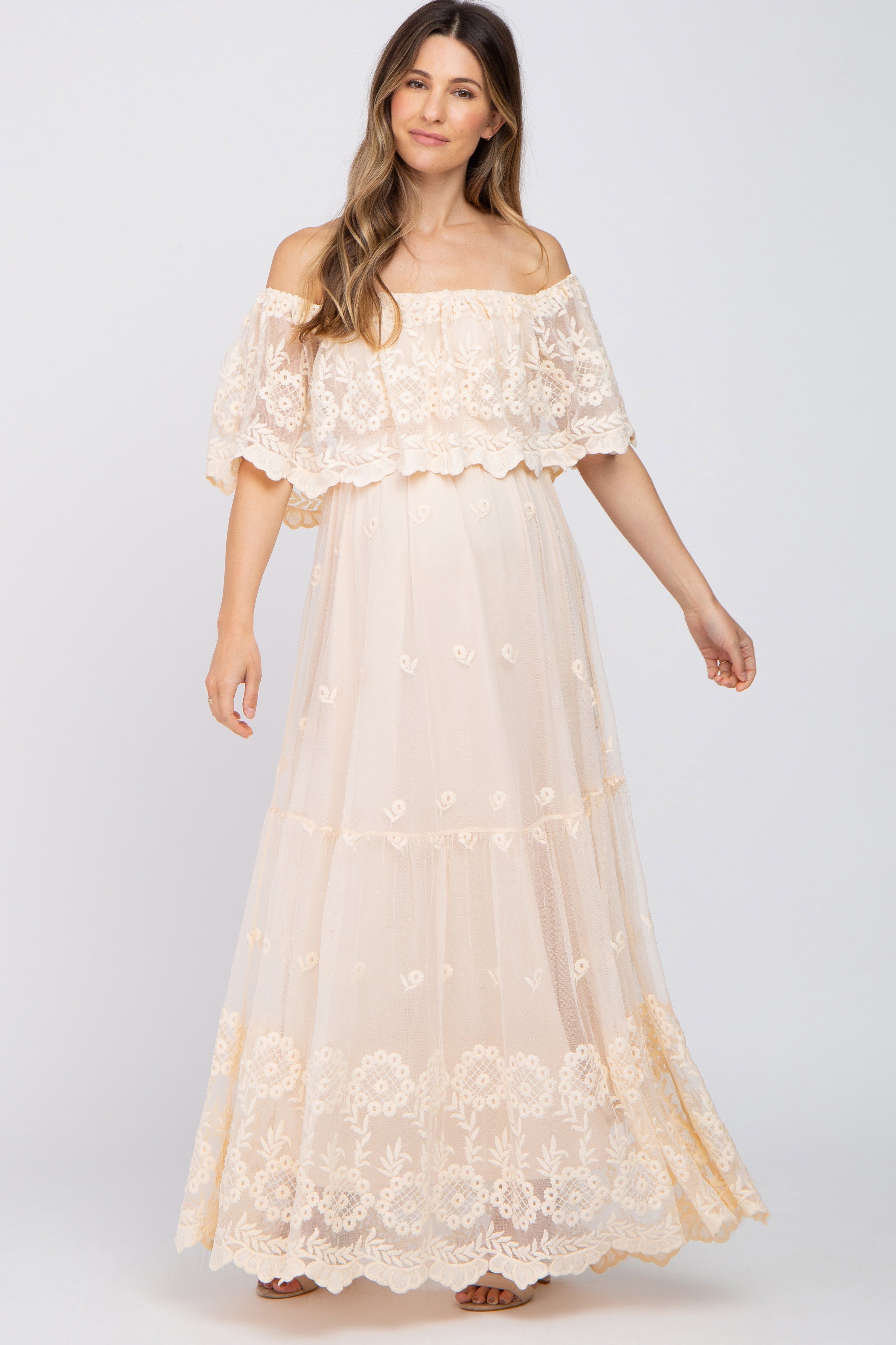 Beige Overlay Off Shoulder Maternity Maxi Dress sold by Pinkblush