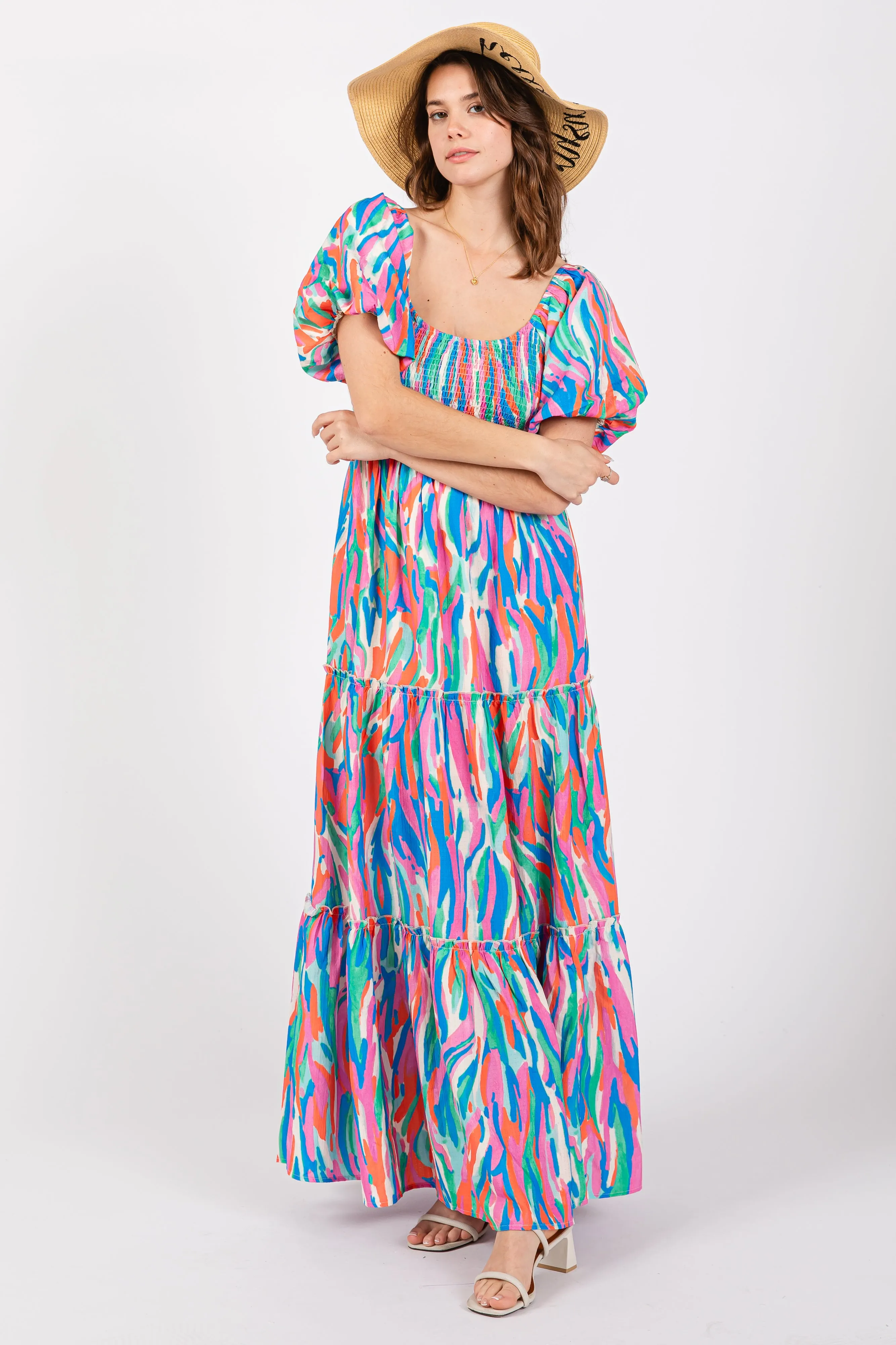 Blue Multi Color Print Puff Sleeve Maxi Dress sold by Pinkblush product image thumbnail 2